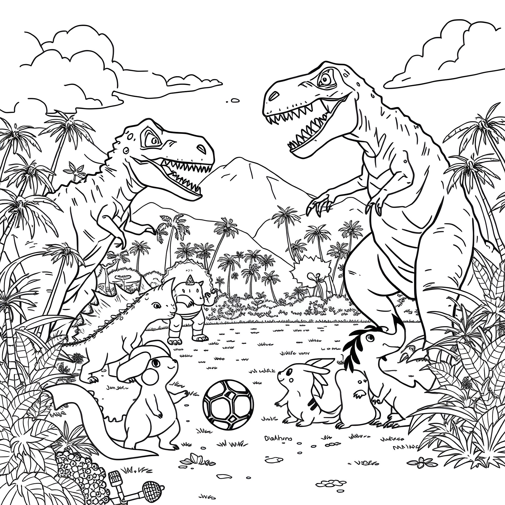 Dinosaurs playing and exploring in prehistoric landscape Coloring Page (free black-and-white line drawing printable PDF for all, from beginners to advanced learners, including children, teens, adults, and seniors)