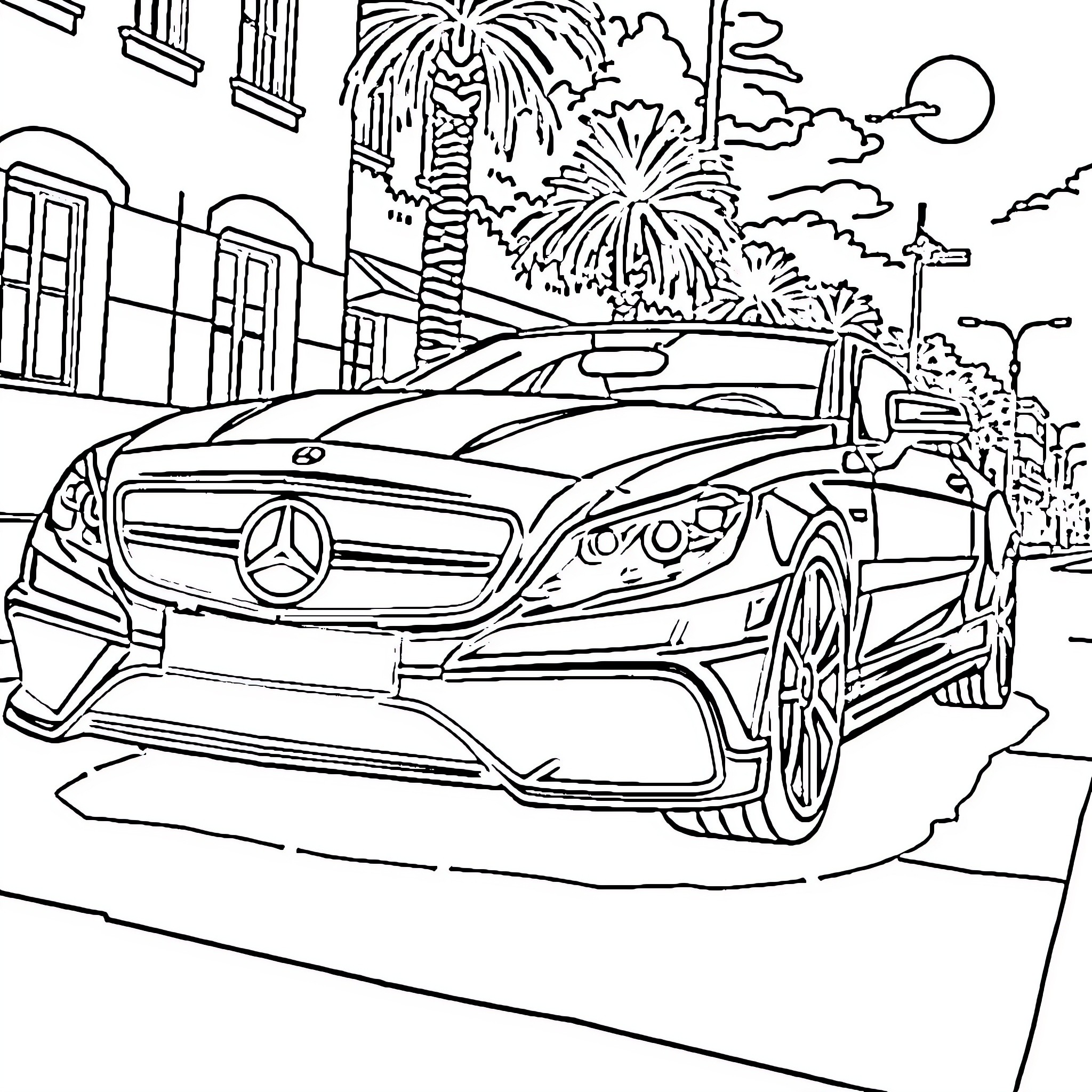 Mercedes sports car in vibrant cityscape Coloring Page (free black-and-white line drawing printable PDF for all, from beginners to advanced learners, including children, teens, adults, and seniors)