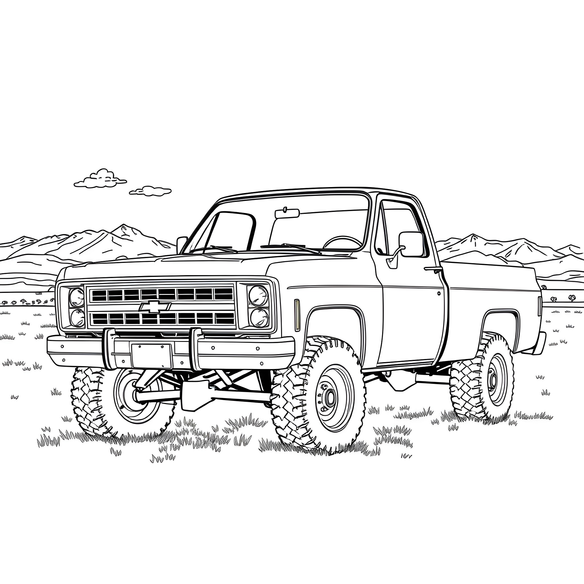 Chevy pickup truck exploring rugged mountain terrain Coloring Page (free black-and-white line drawing printable PDF for all, from beginners to advanced learners, including children, teens, adults, and seniors)