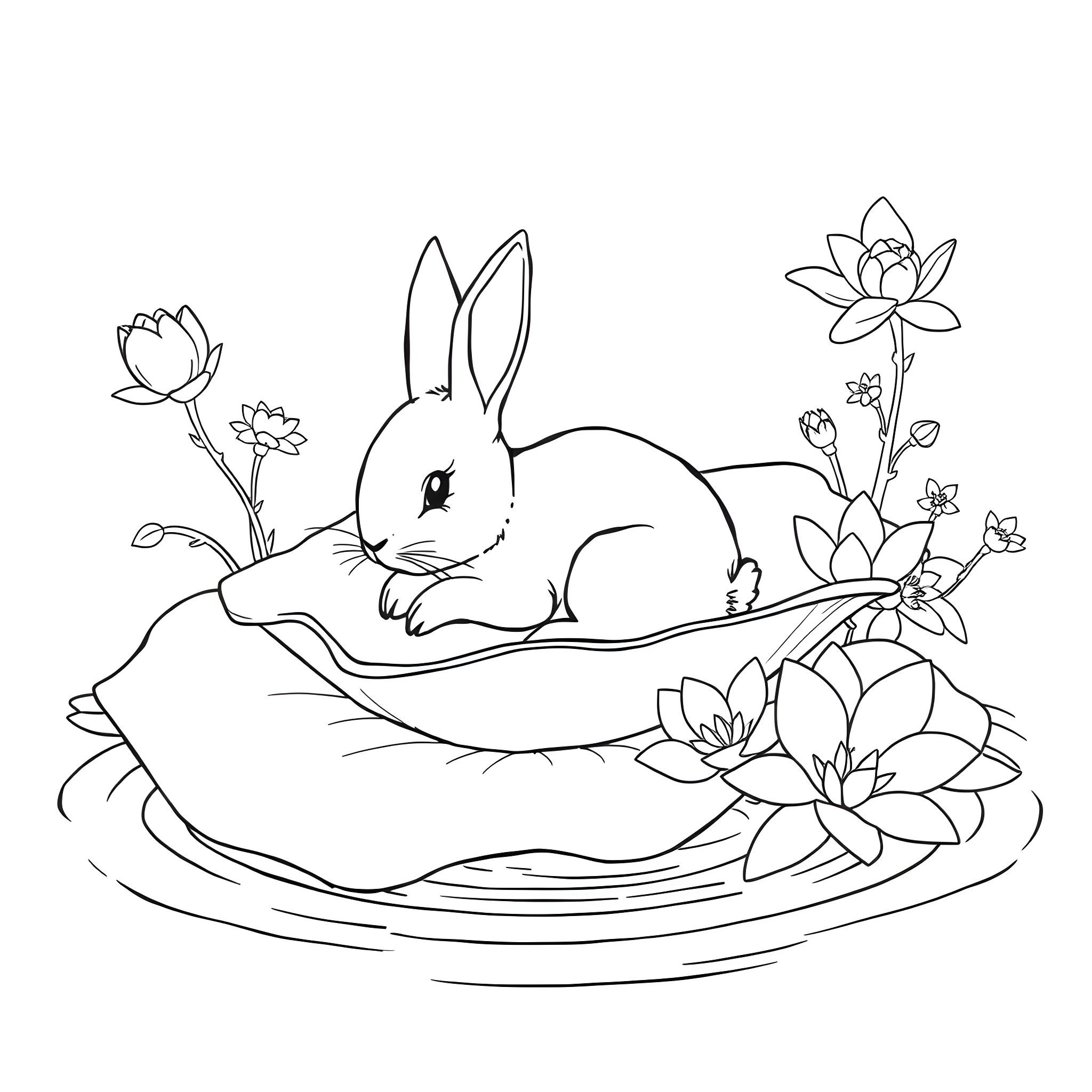 Rabbit resting peacefully among blooming flowers Coloring Page (free black-and-white line drawing printable PDF for all, from beginners to advanced learners, including children, teens, adults, and seniors)