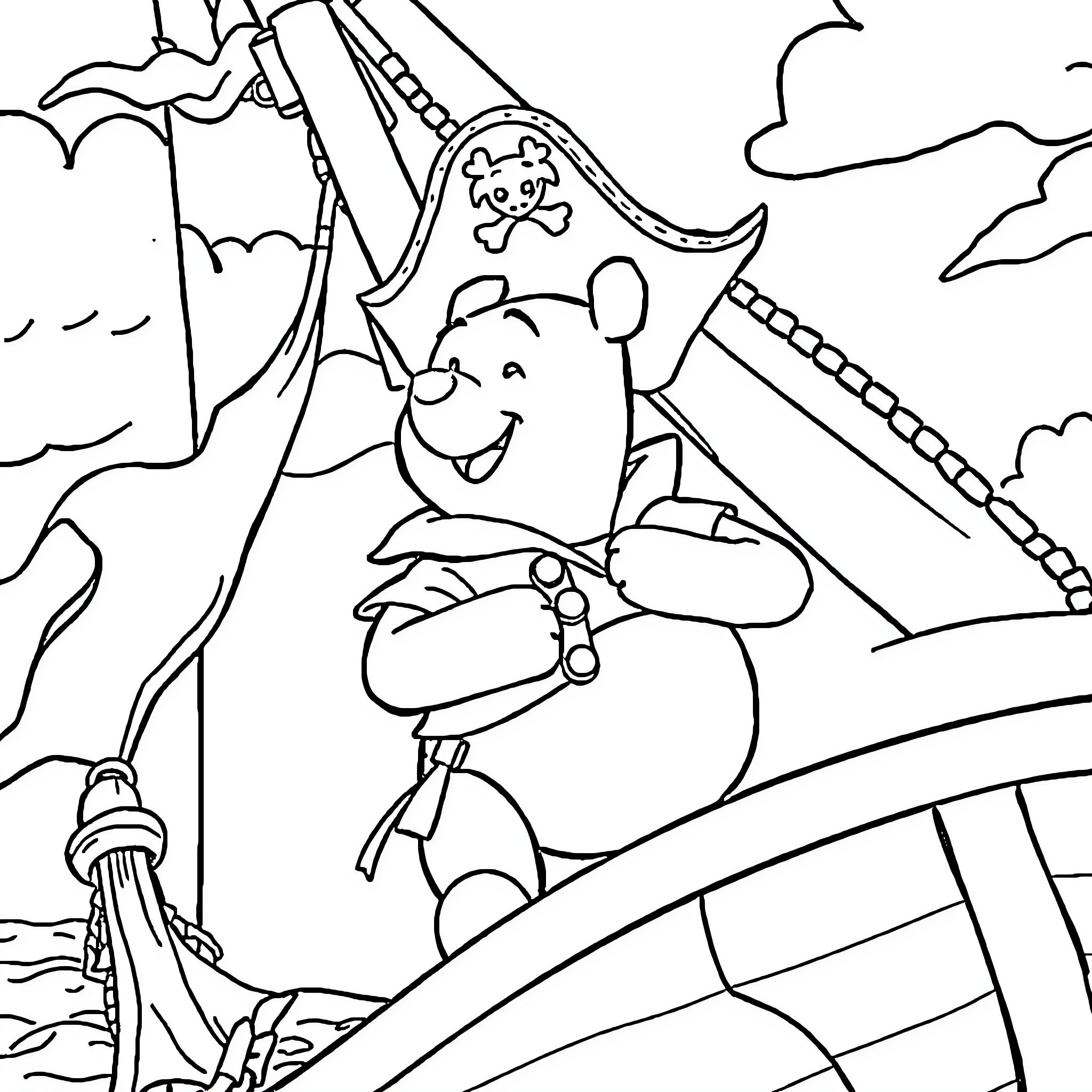 Winnie The Pooh on a Pirate Ship Adventure Coloring Page (free black-and-white line drawing printable PDF for all, from beginners to advanced learners, including children, teens, adults, and seniors)