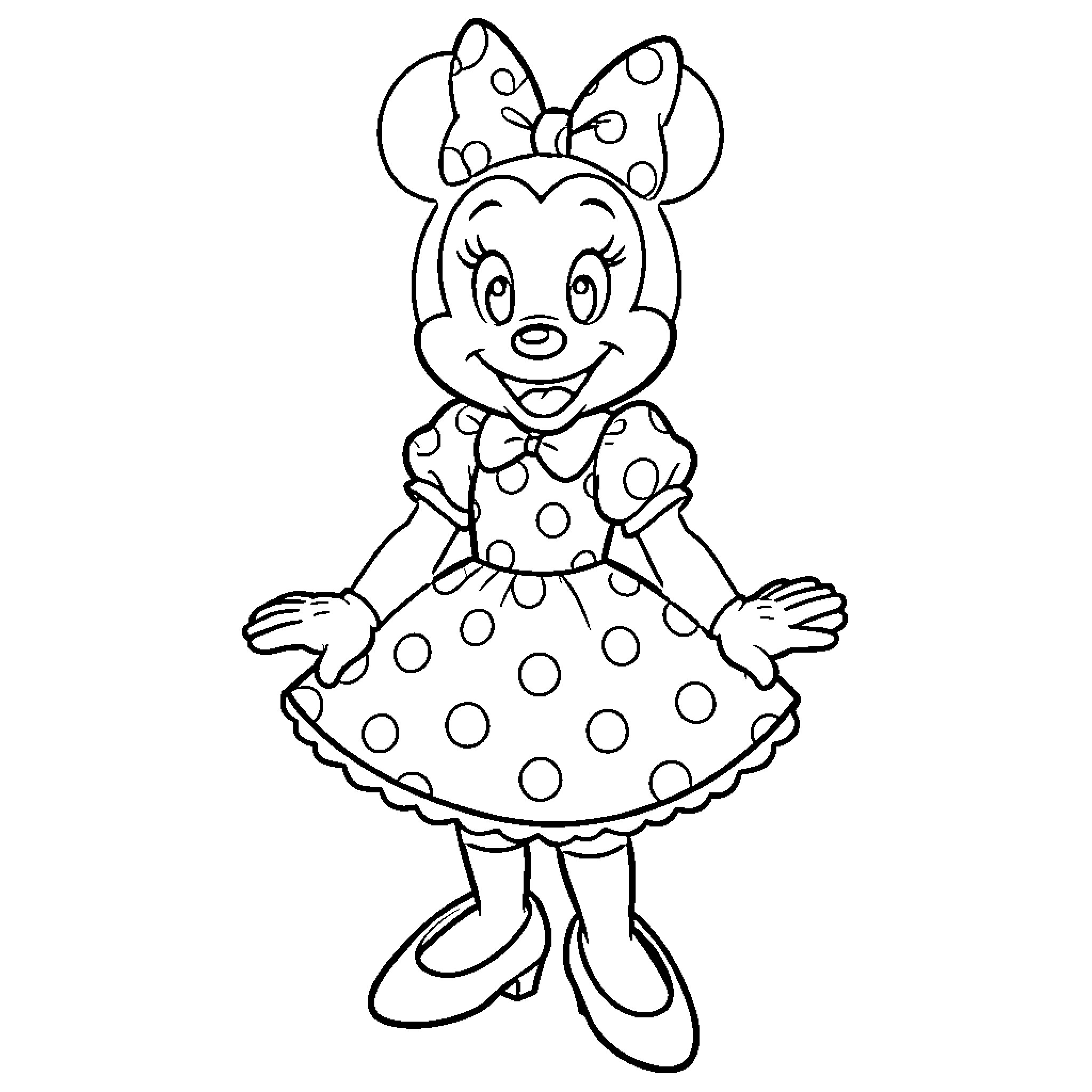 Minnie Mouse posing in a polka dot dress Coloring Page (free black-and-white line drawing printable PDF for all, from beginners to advanced learners, including children, teens, adults, and seniors)