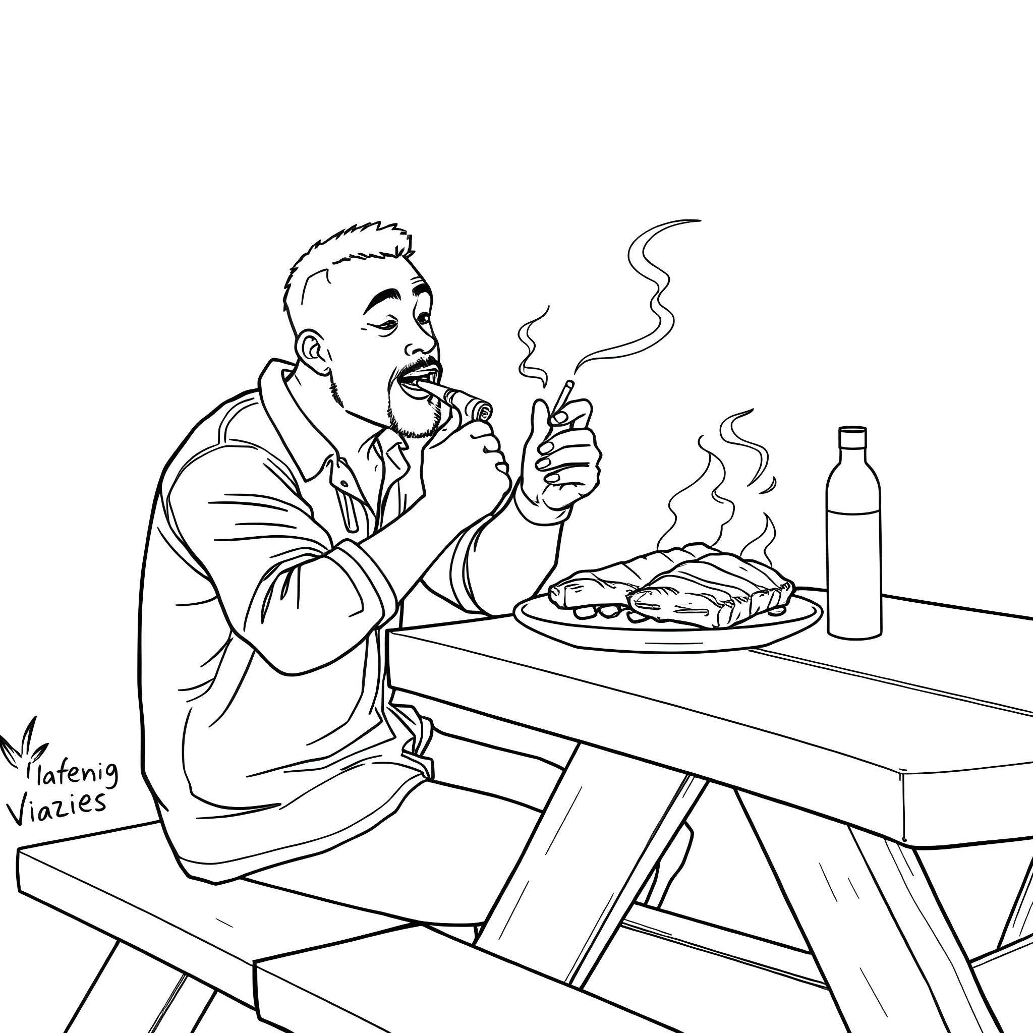 Man eating hot meal and smoking at outdoor table Coloring Page (free black-and-white line drawing printable PDF for all, from beginners to advanced learners, including children, teens, adults, and seniors)