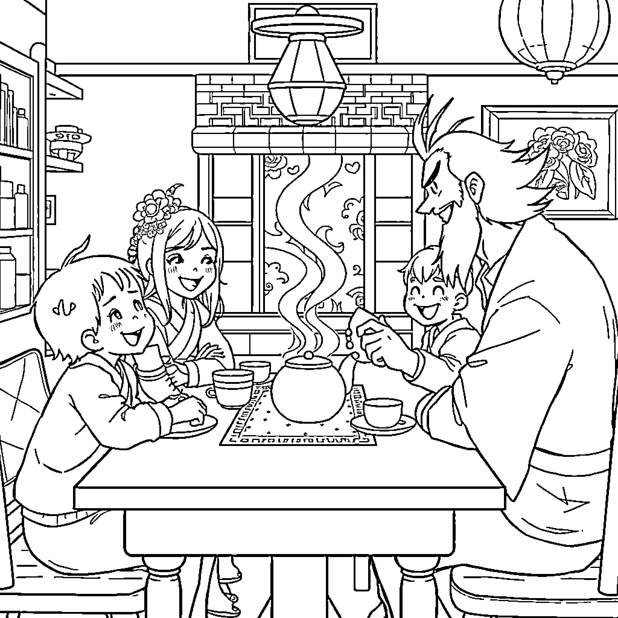 Tanjiro's family enjoying a warm meal together Coloring Page (free black-and-white line drawing printable PDF for all, from beginners to advanced learners, including children, teens, adults, and seniors)