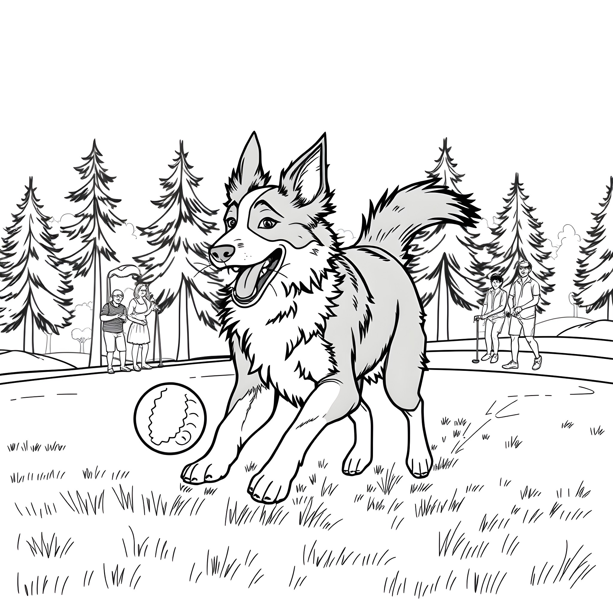 Border Collie playing happily in the park Coloring Page (free black-and-white line drawing printable PDF for all, from beginners to advanced learners, including children, teens, adults, and seniors)