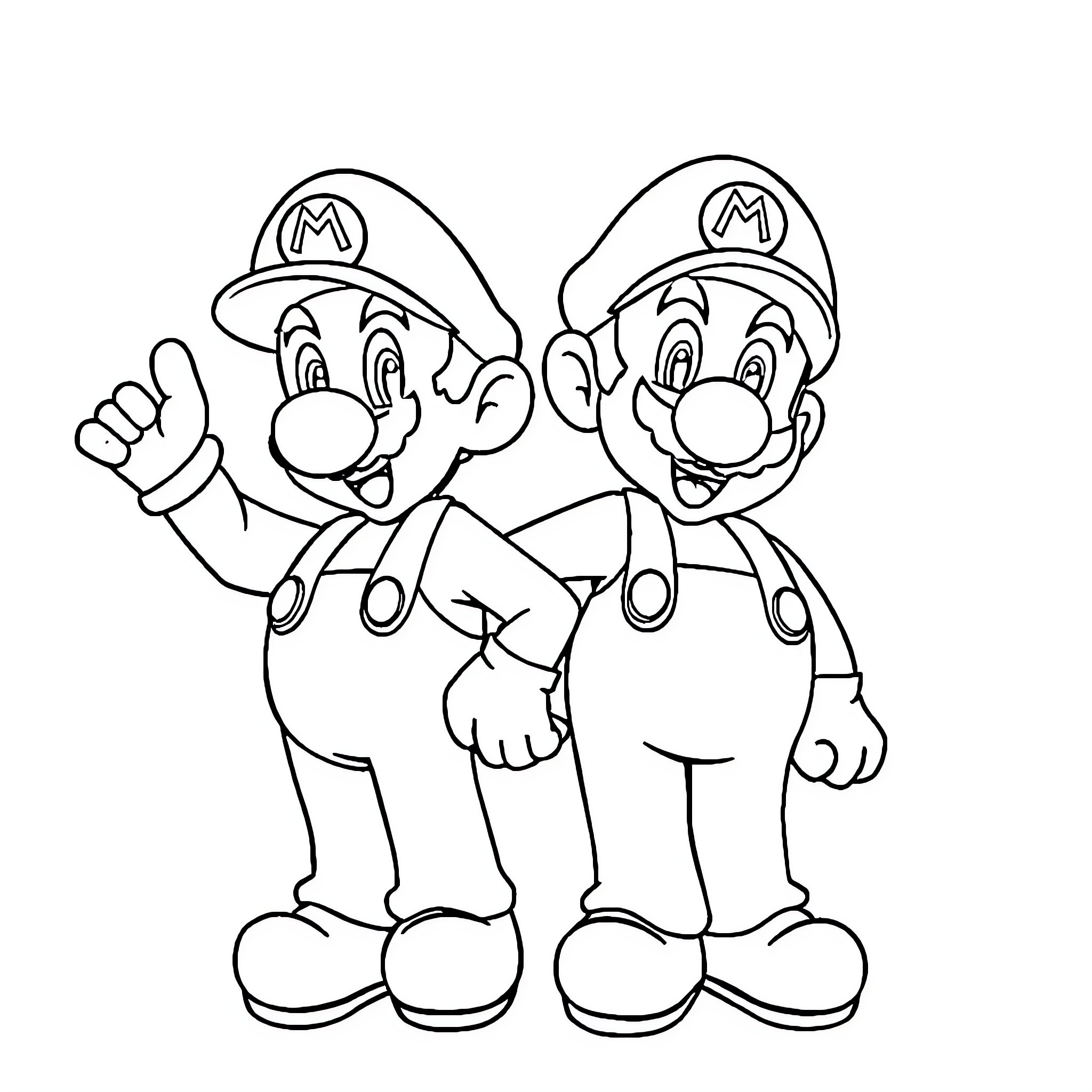 Mario Brothers Posing Happily Coloring Page (free black-and-white line drawing printable PDF for all, from beginners to advanced learners, including children, teens, adults, and seniors)