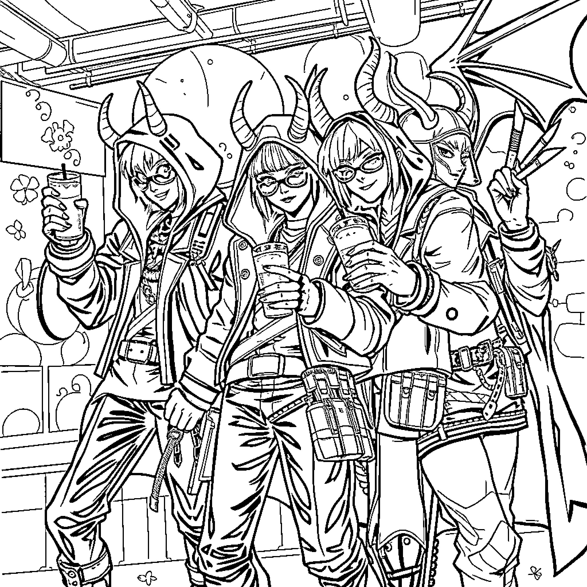 Demon Hunters Battling with Fierce Determination Coloring Page (free black-and-white line drawing printable PDF for all, from beginners to advanced learners, including children, teens, adults, and seniors)