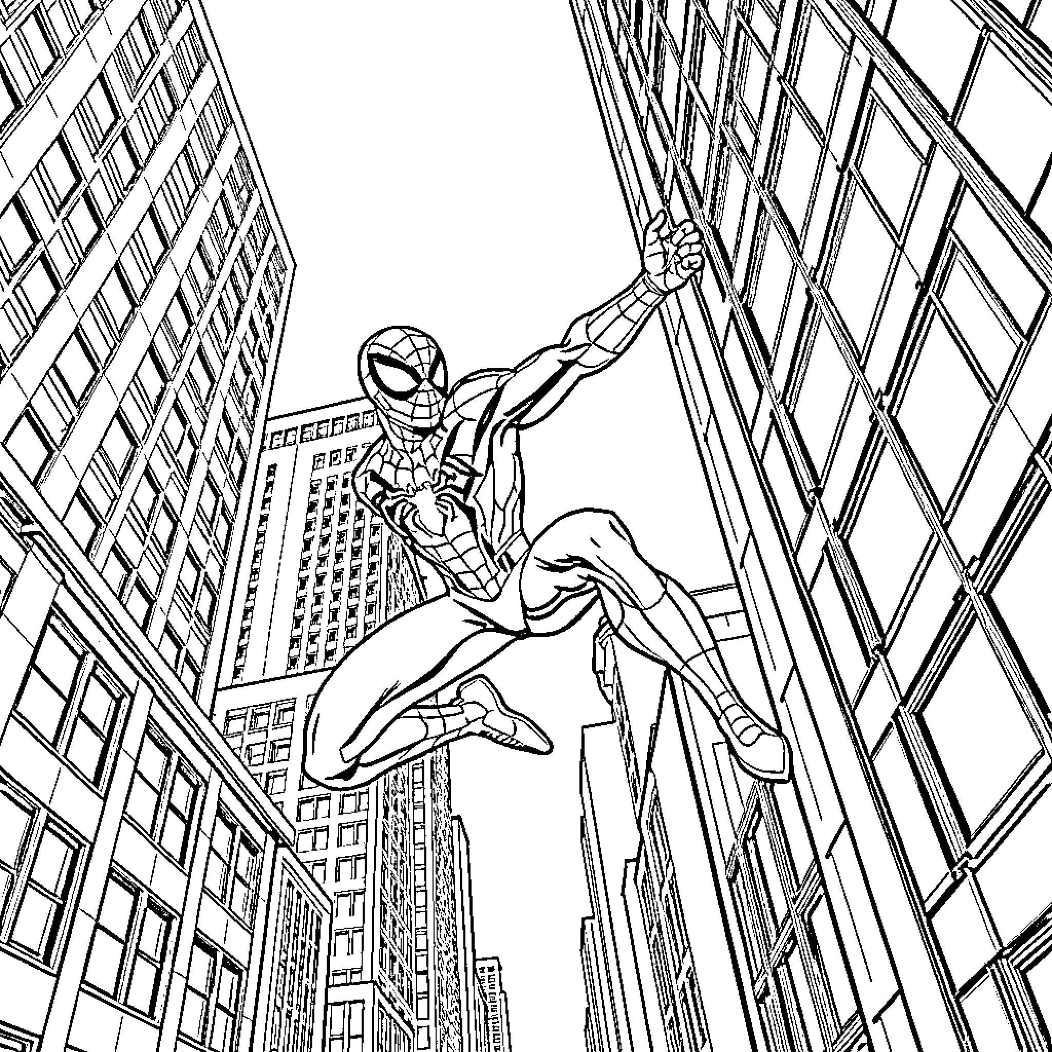 Spider-Man swinging through the city skyline Coloring Page (free black-and-white line drawing printable PDF for all, from beginners to advanced learners, including children, teens, adults, and seniors)
