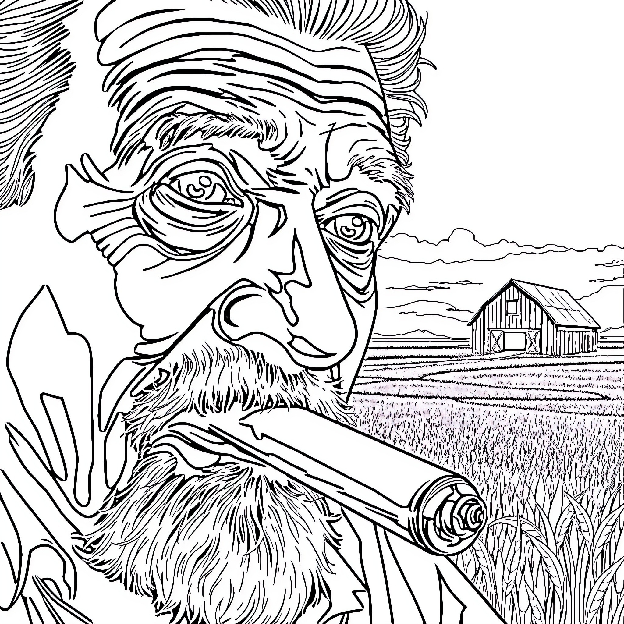Man with Expressive Face in Rural Landscape Coloring Page (free black-and-white line drawing printable PDF for all, from beginners to advanced learners, including children, teens, adults, and seniors)