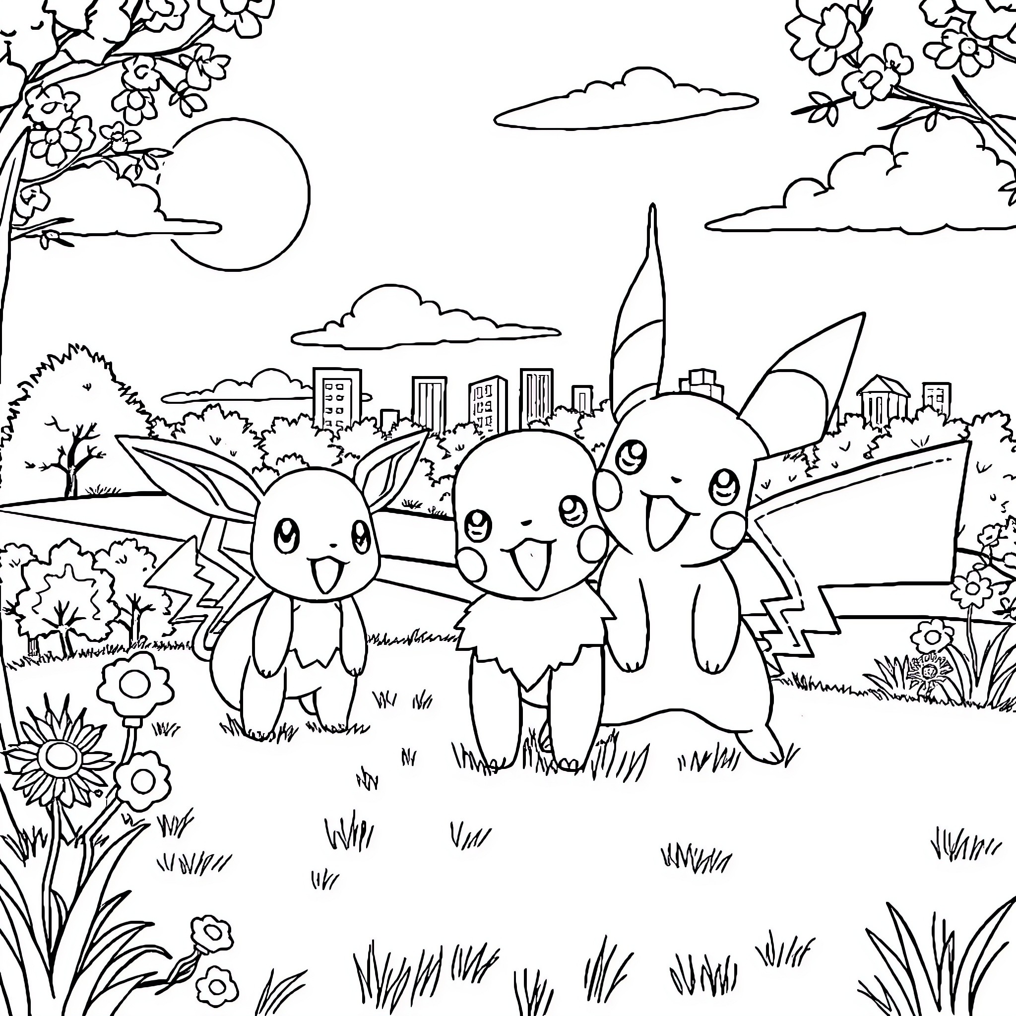 Pokémon Playful Creatures in Scenic Outdoor Setting Coloring Page (free black-and-white line drawing printable PDF for all, from beginners to advanced learners, including children, teens, adults, and seniors)