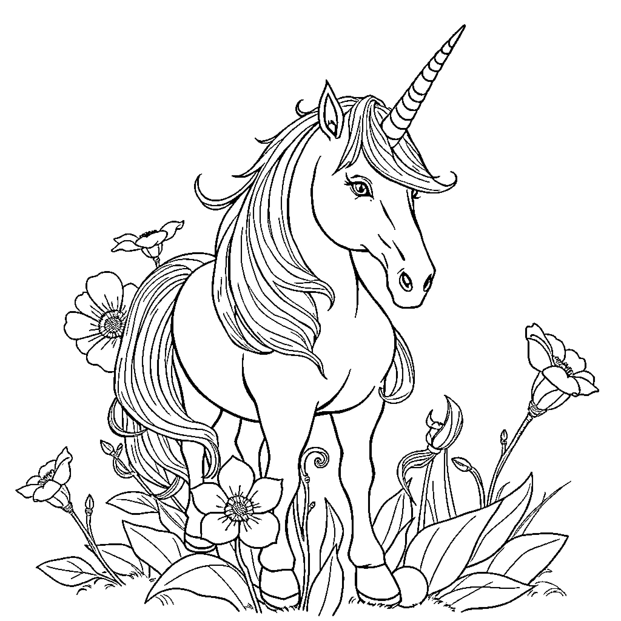 Unicorn standing amidst blooming flowers Coloring Page (free black-and-white line drawing printable PDF for all, from beginners to advanced learners, including children, teens, adults, and seniors)