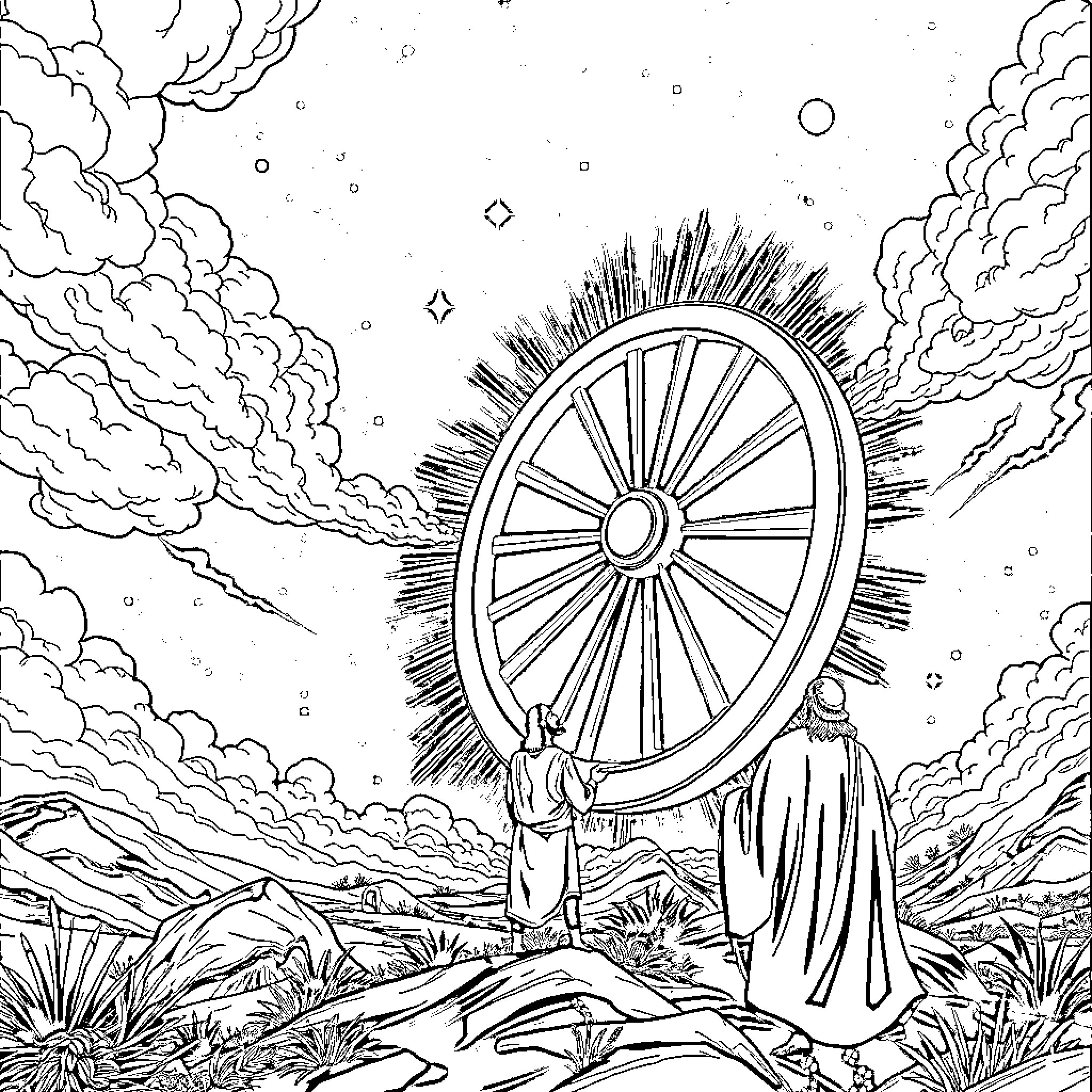 Ezekiel's Mysterious Celestial Vision Coloring Page (free black-and-white line drawing printable PDF for all, from beginners to advanced learners, including children, teens, adults, and seniors)