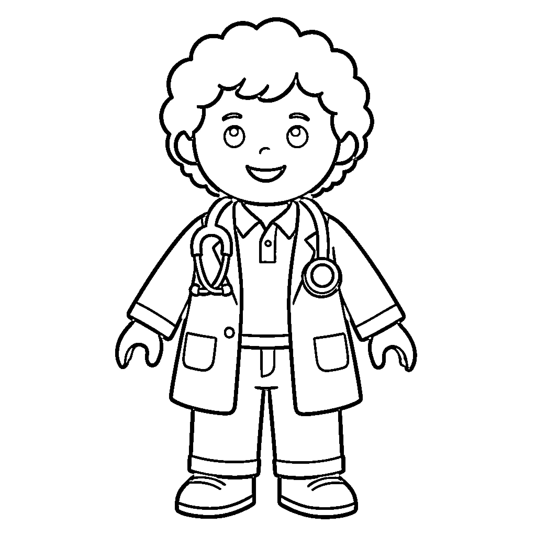 Doctor wearing a lab coat and stethoscope smiling Coloring Page (free black-and-white line drawing printable PDF for all, from beginners to advanced learners, including children, teens, adults, and seniors)