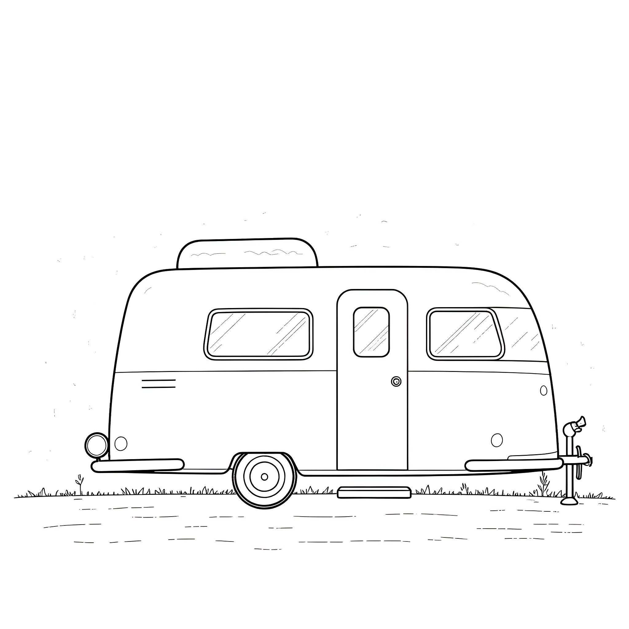 Camper enjoying the outdoors in a vintage-style trailer Coloring Page (free black-and-white line drawing printable PDF for all, from beginners to advanced learners, including children, teens, adults, and seniors)