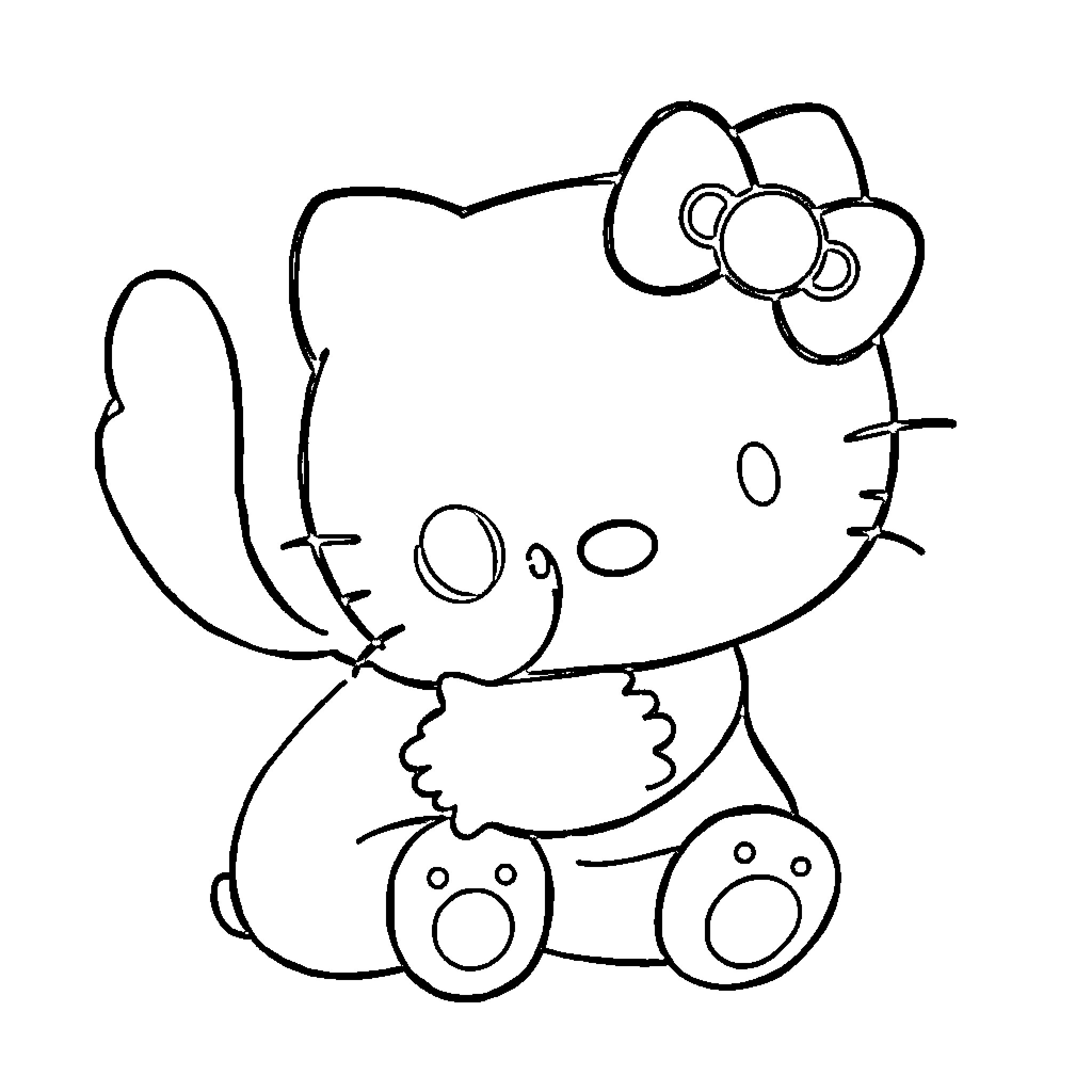 Hello Kitty sitting peacefully Coloring Page (free black-and-white line drawing printable PDF for all, from beginners to advanced learners, including children, teens, adults, and seniors)