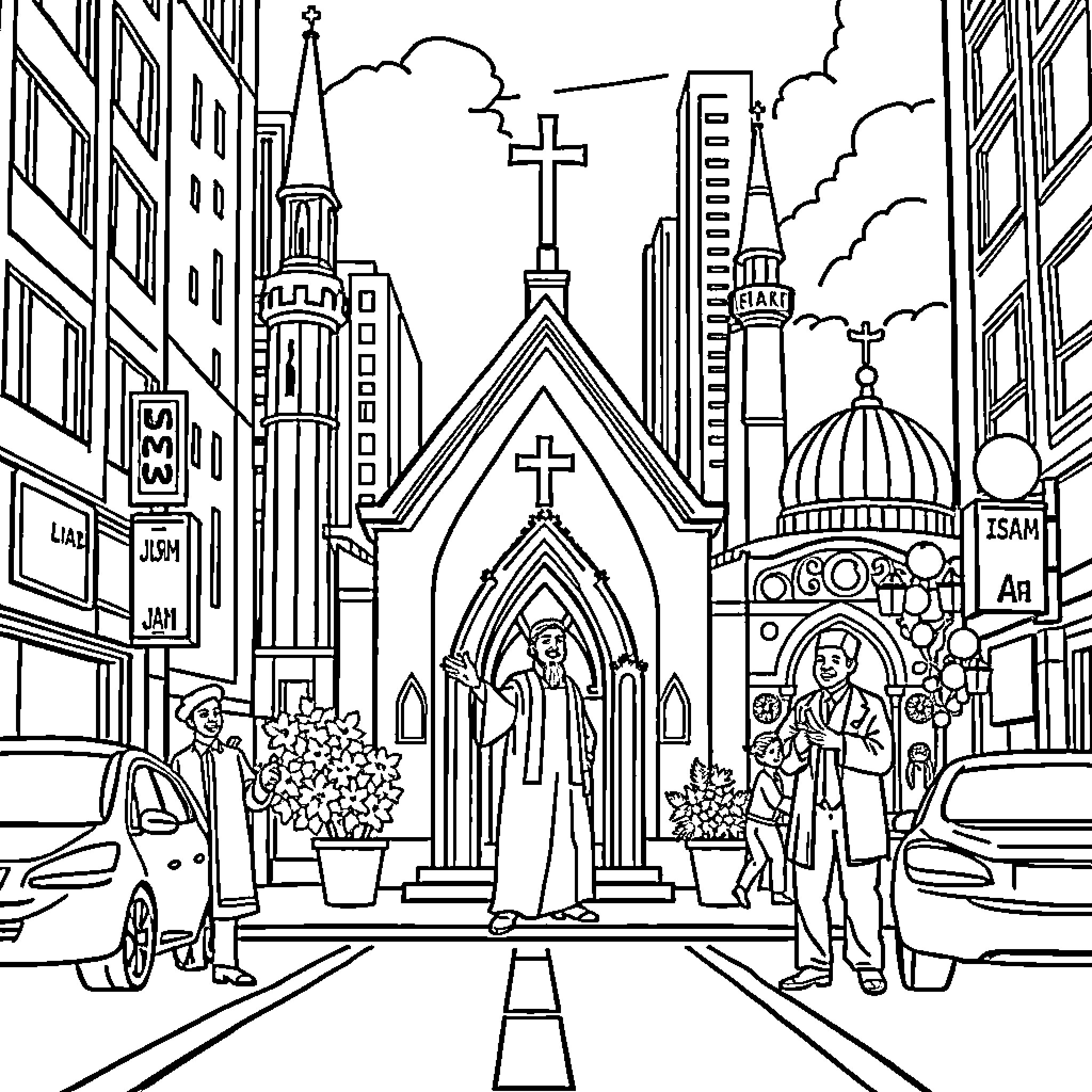 Religious Leaders in an Urban Worship Setting Coloring Page (free black-and-white line drawing printable PDF for all, from beginners to advanced learners, including children, teens, adults, and seniors)