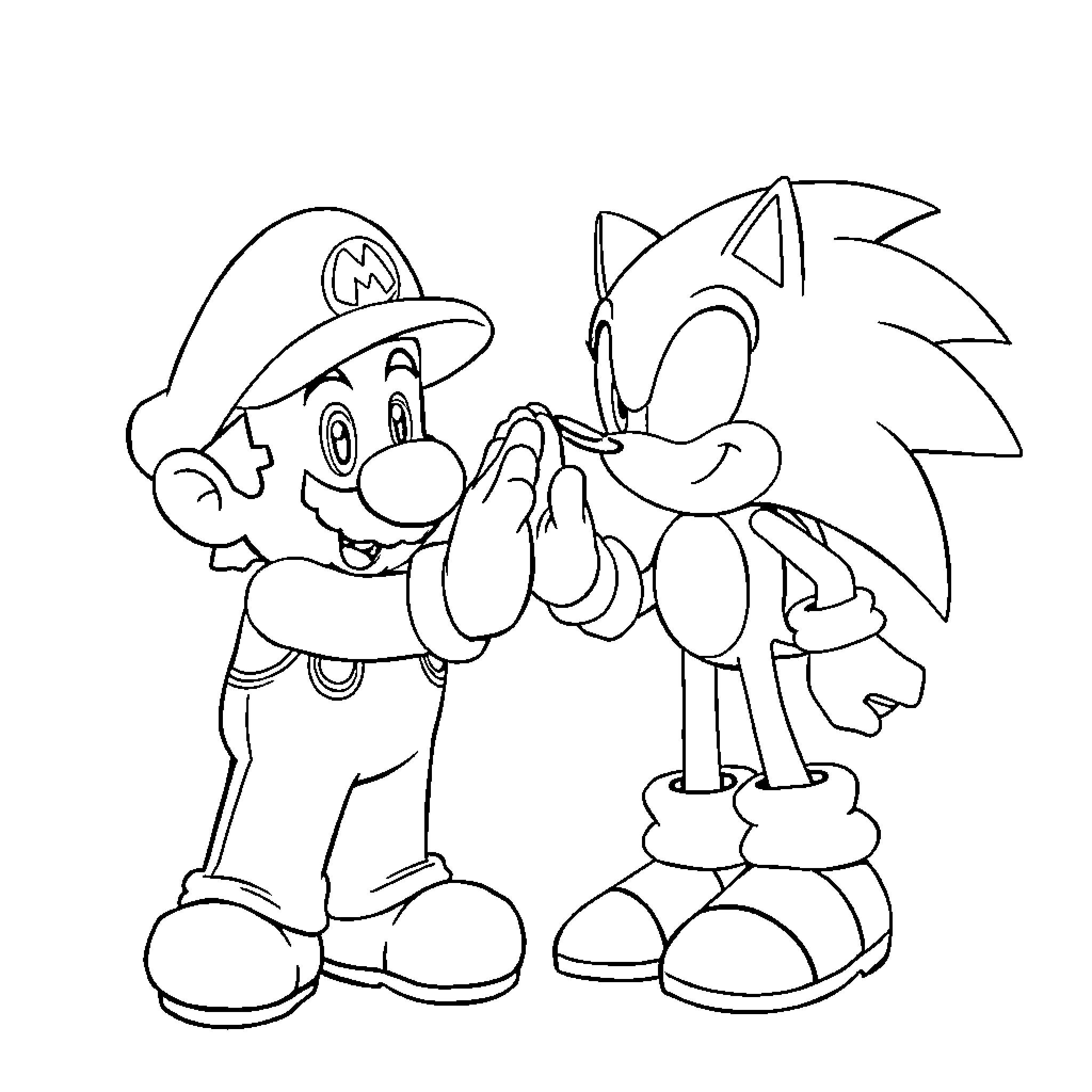 Mario and Sonic Interacting Playfully Coloring Page (free black-and-white line drawing printable PDF for all, from beginners to advanced learners, including children, teens, adults, and seniors)