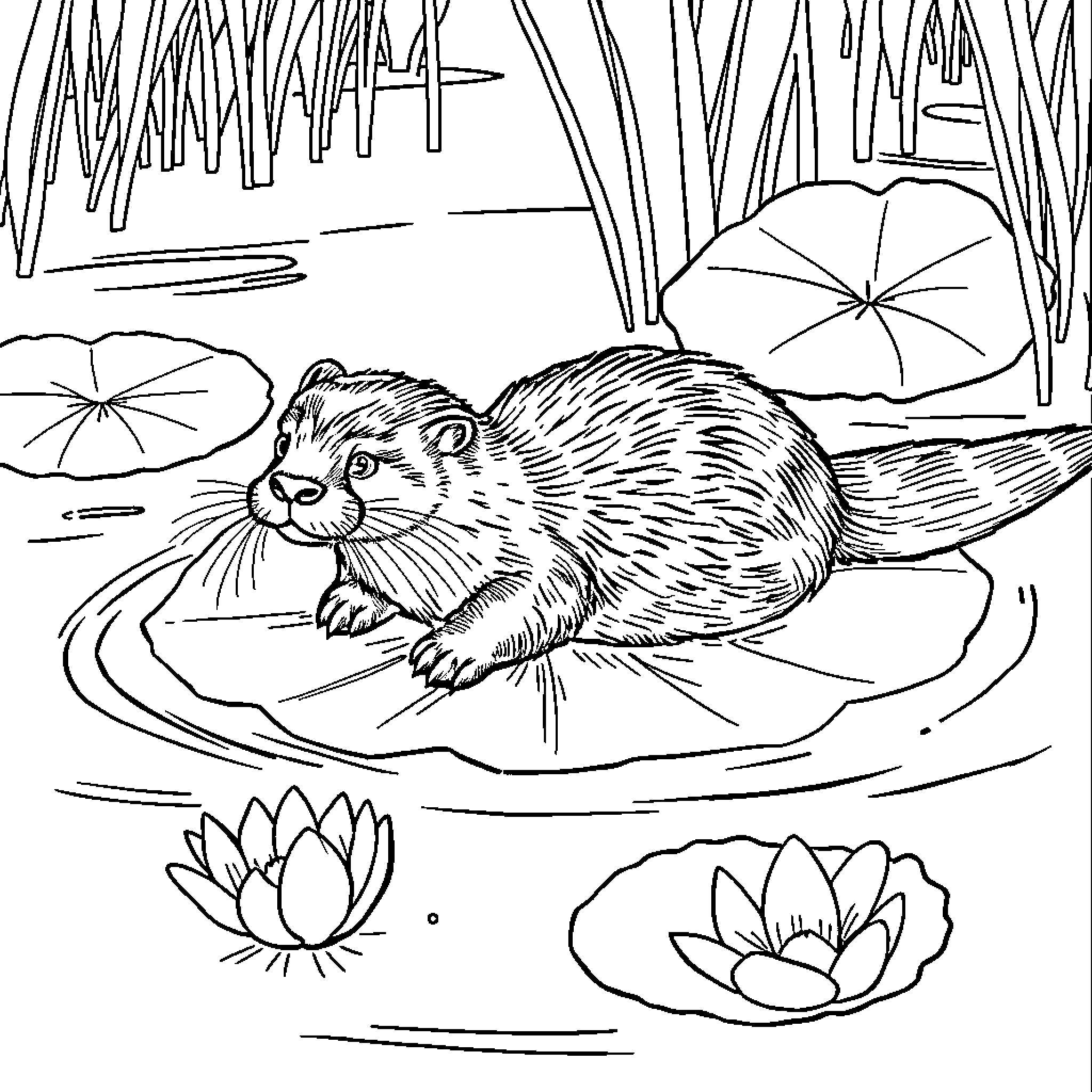 Otter resting peacefully on lily pad in pond Coloring Page (free black-and-white line drawing printable PDF for all, from beginners to advanced learners, including children, teens, adults, and seniors)