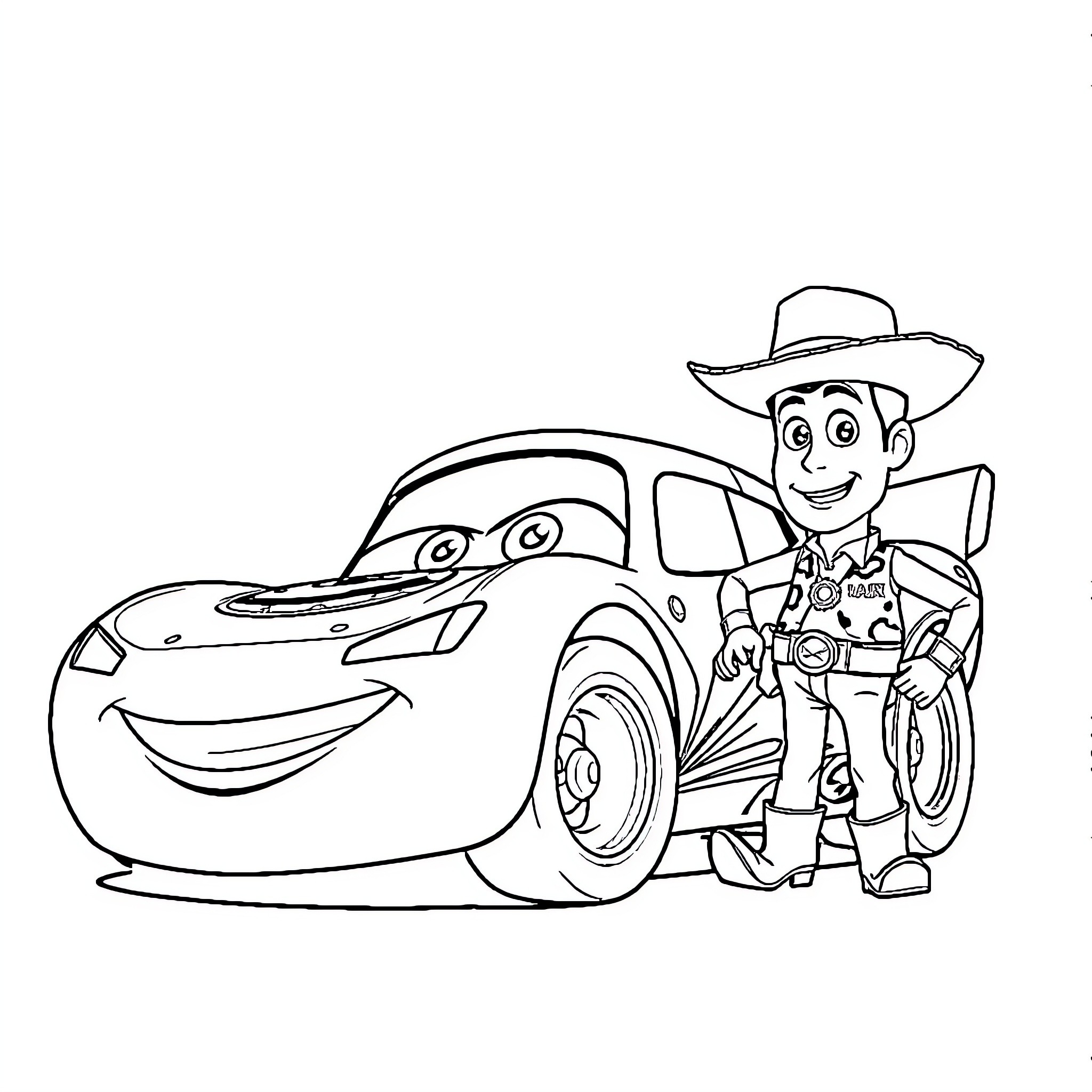 Lightning McQueen with Cowboy Woody in black and white Coloring Page (free black-and-white line drawing printable PDF for all, from beginners to advanced learners, including children, teens, adults, and seniors)