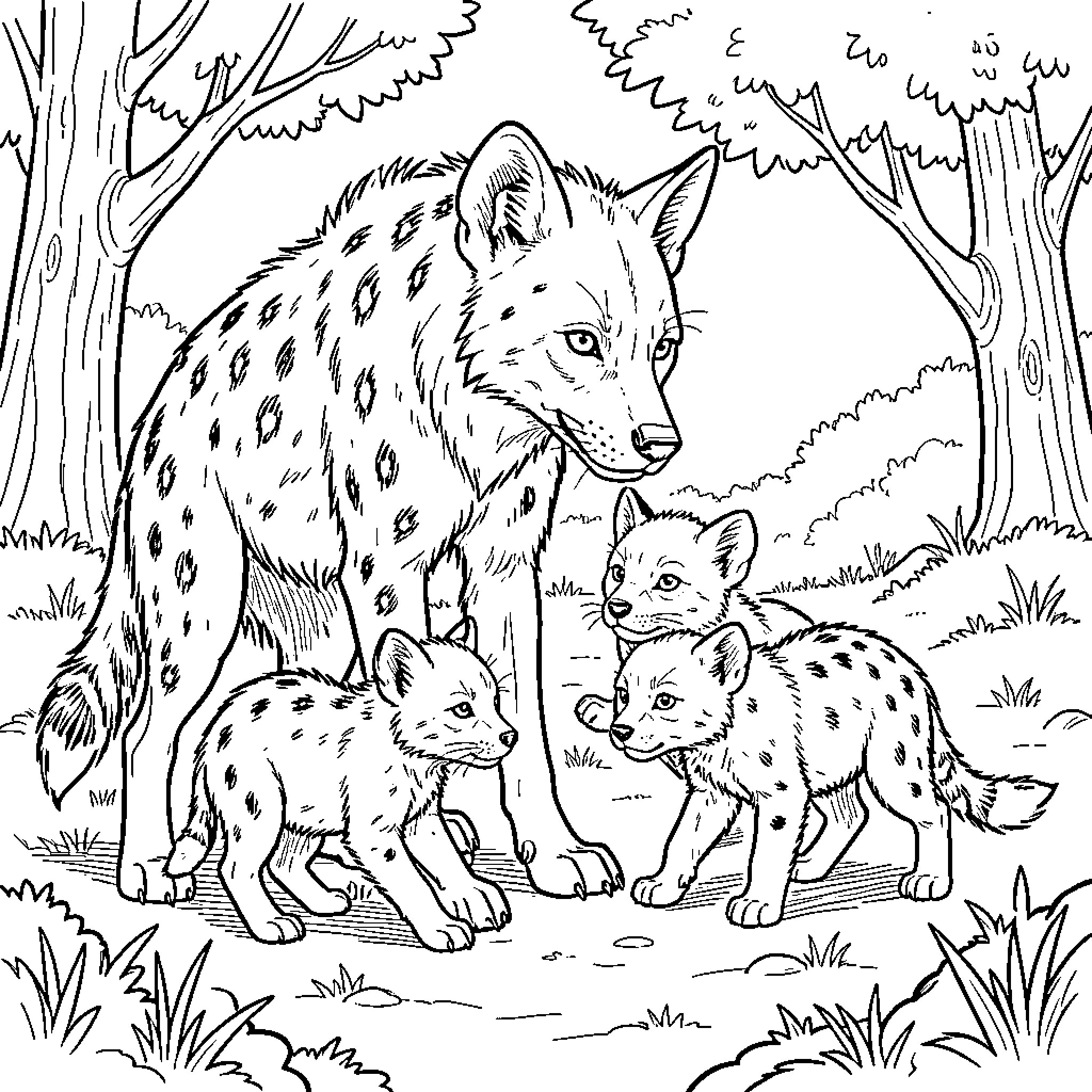 Hyena standing protectively with her young cubs Coloring Page (free black-and-white line drawing printable PDF for all, from beginners to advanced learners, including children, teens, adults, and seniors)