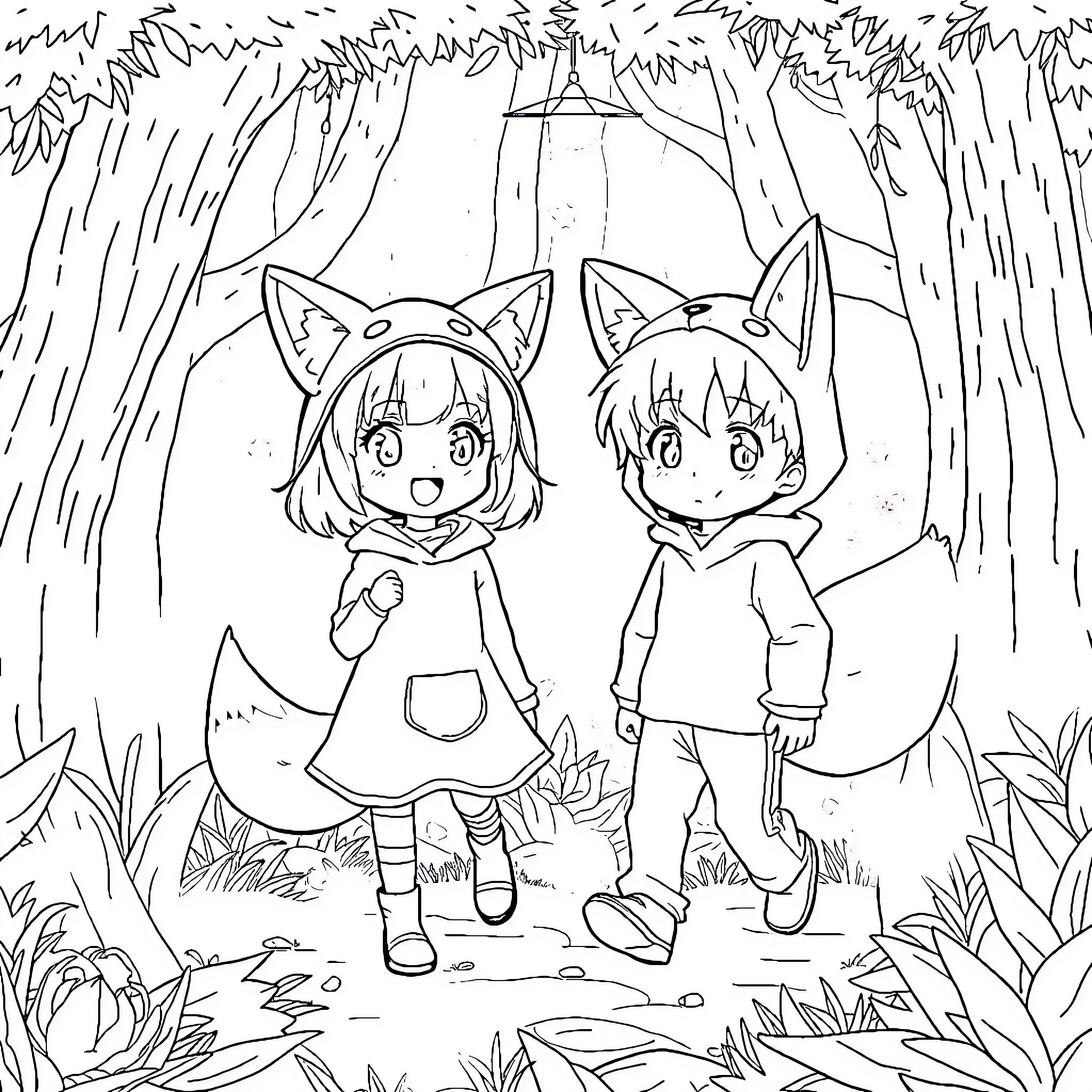 Anime Characters Exploring Whimsical Forest Landscape Coloring Page (free black-and-white line drawing printable PDF for all, from beginners to advanced learners, including children, teens, adults, and seniors)