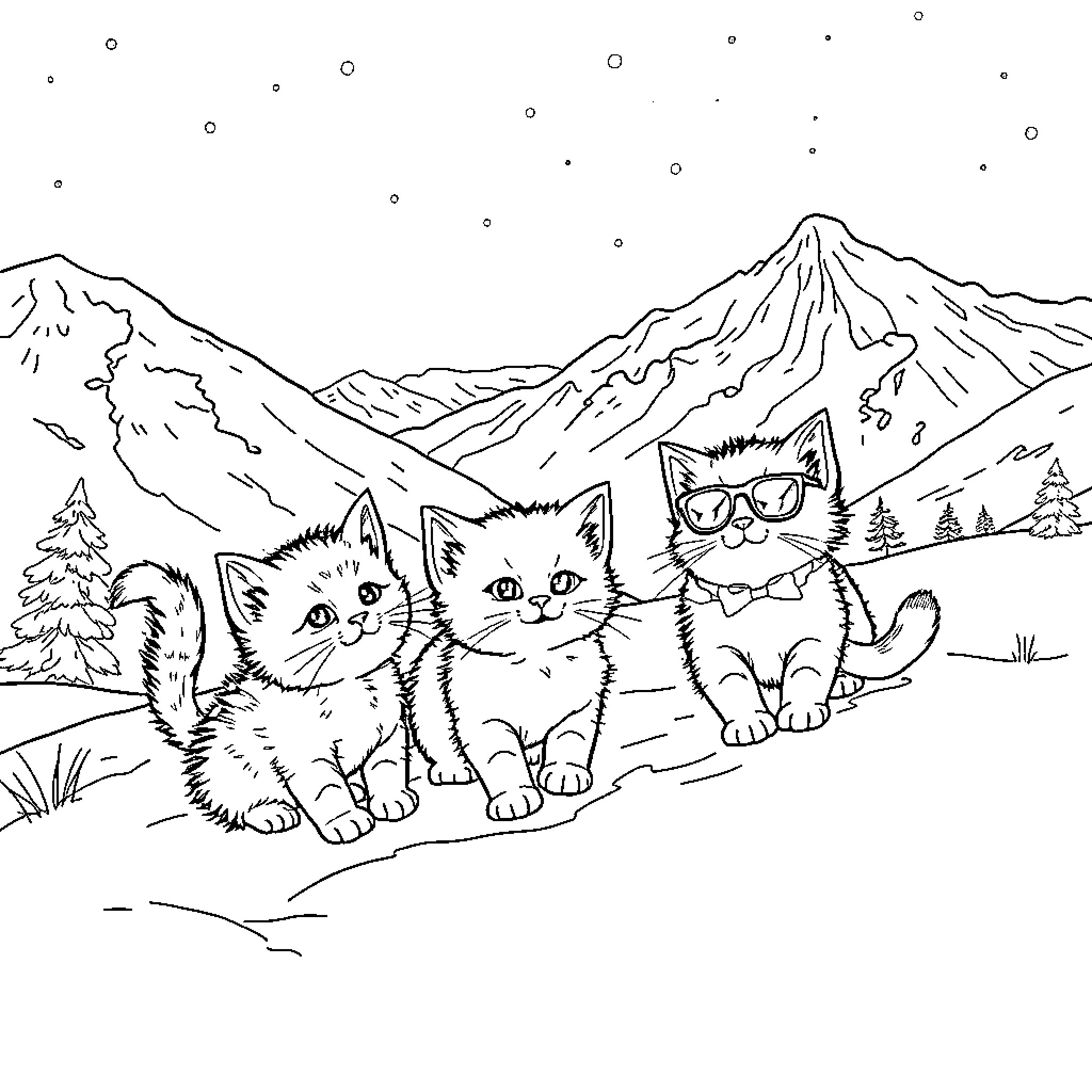 Kitty Explorers in the Snowy Mountains Coloring Page (free black-and-white line drawing printable PDF for all, from beginners to advanced learners, including children, teens, adults, and seniors)