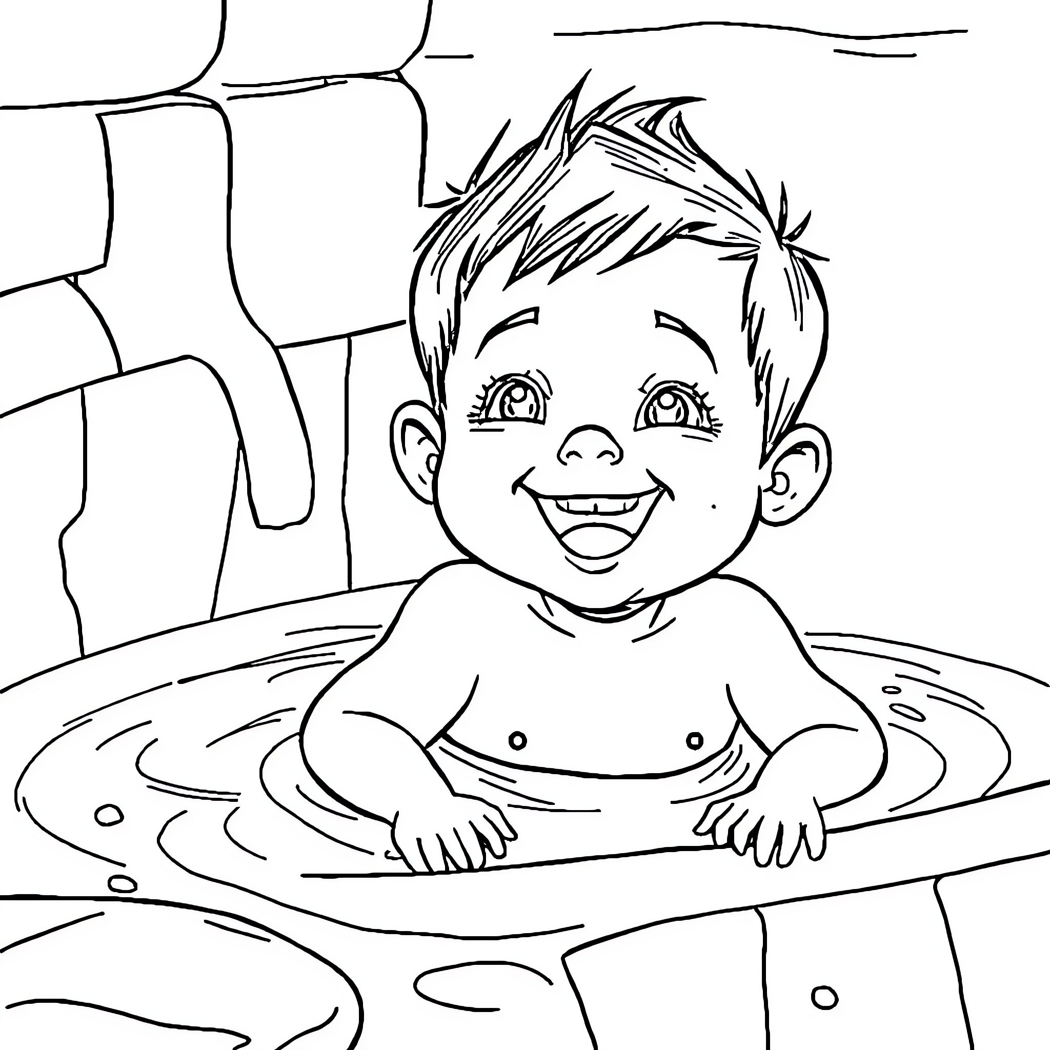 Niño enjoying swimming in the pool Coloring Page (free black-and-white line drawing printable PDF for all, from beginners to advanced learners, including children, teens, adults, and seniors)
