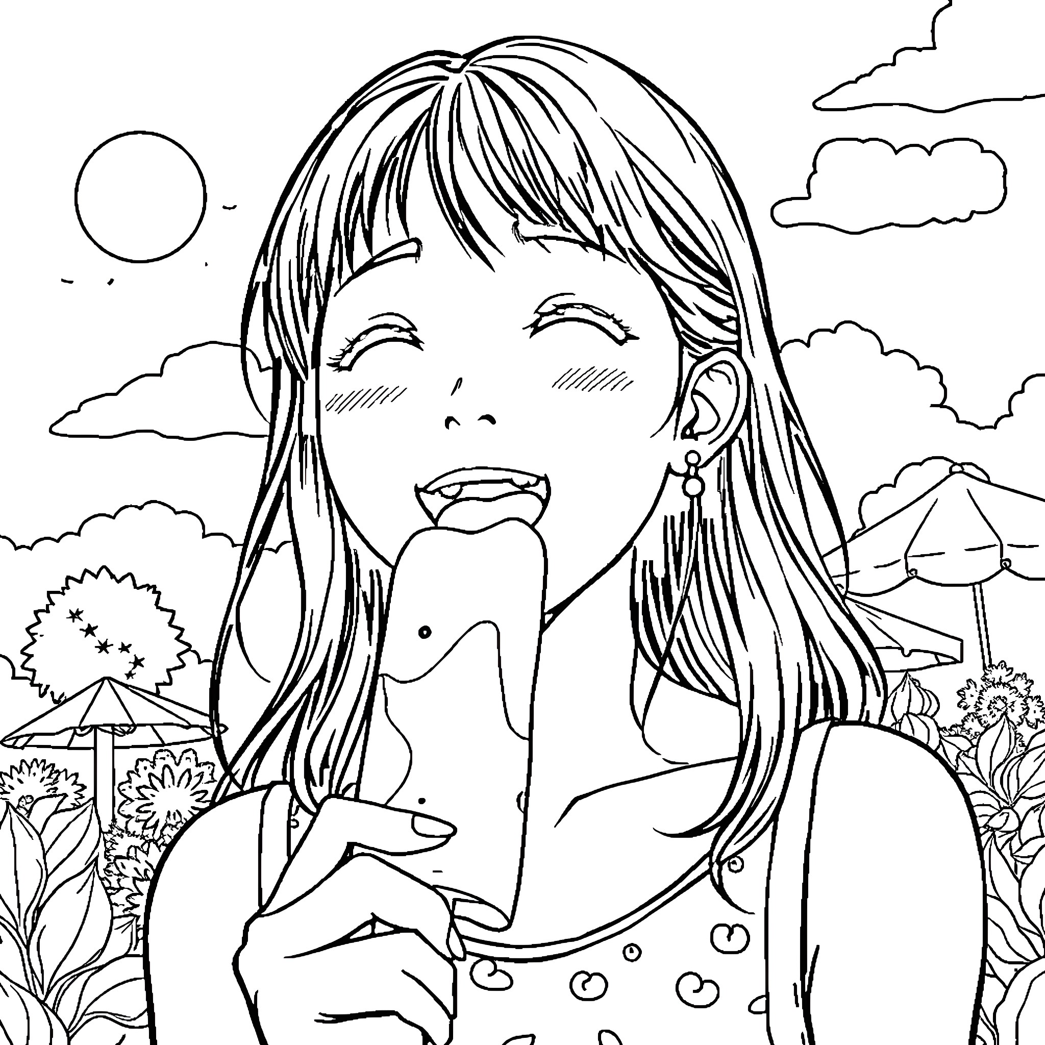 Chie Sayama enjoying a summer day outdoors Coloring Page (free black-and-white line drawing printable PDF for all, from beginners to advanced learners, including children, teens, adults, and seniors)