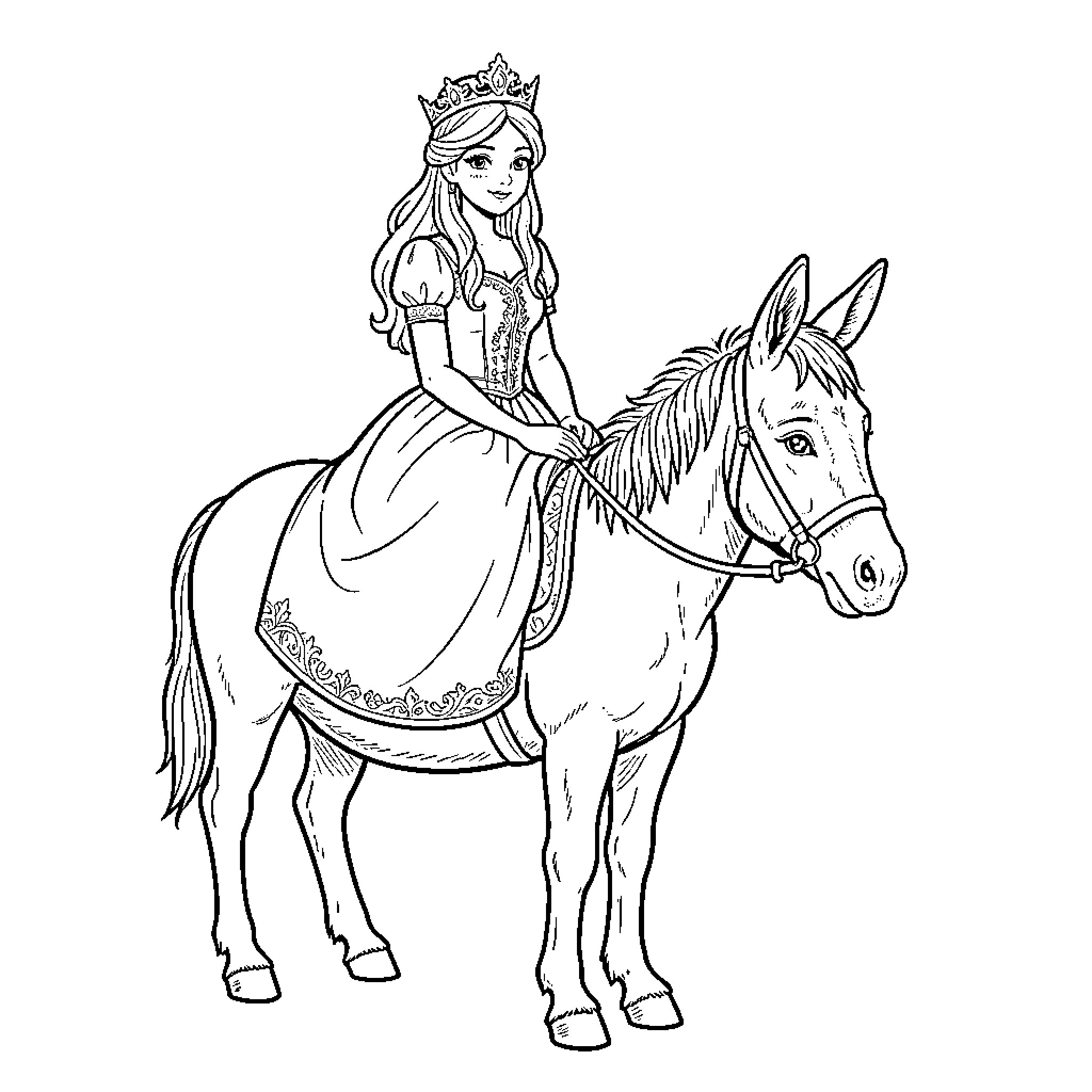 Princess riding a horse with a smiling expression Coloring Page (free black-and-white line drawing printable PDF for all, from beginners to advanced learners, including children, teens, adults, and seniors)
