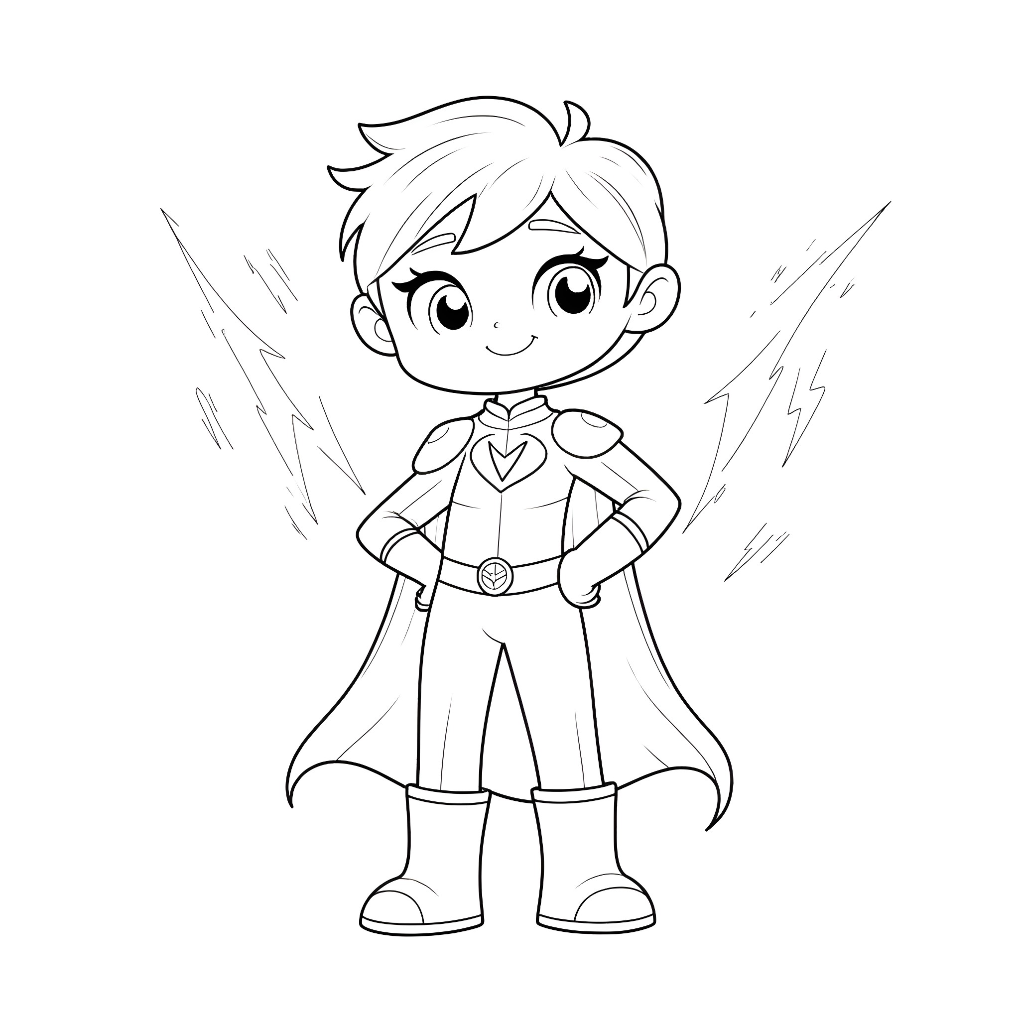 Voltrol: Young Superhero in Action Pose Coloring Page (free black-and-white line drawing printable PDF for all, from beginners to advanced learners, including children, teens, adults, and seniors)