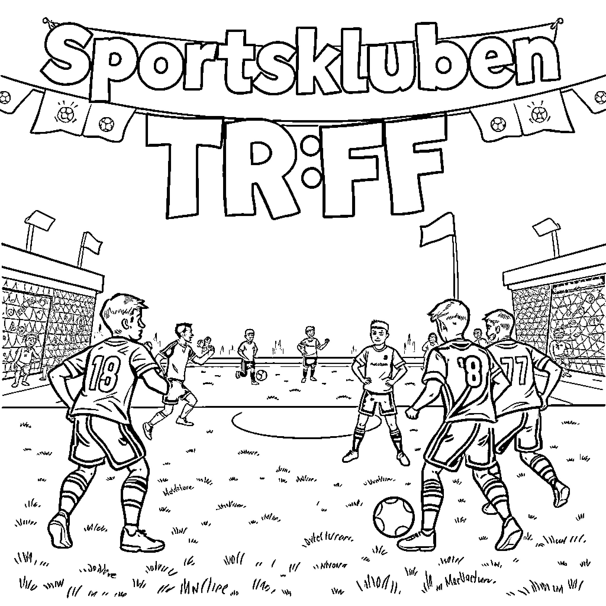 Sportsklubben Træff: Soccer players in action on the field Coloring Page (free black-and-white line drawing printable PDF for all, from beginners to advanced learners, including children, teens, adults, and seniors)