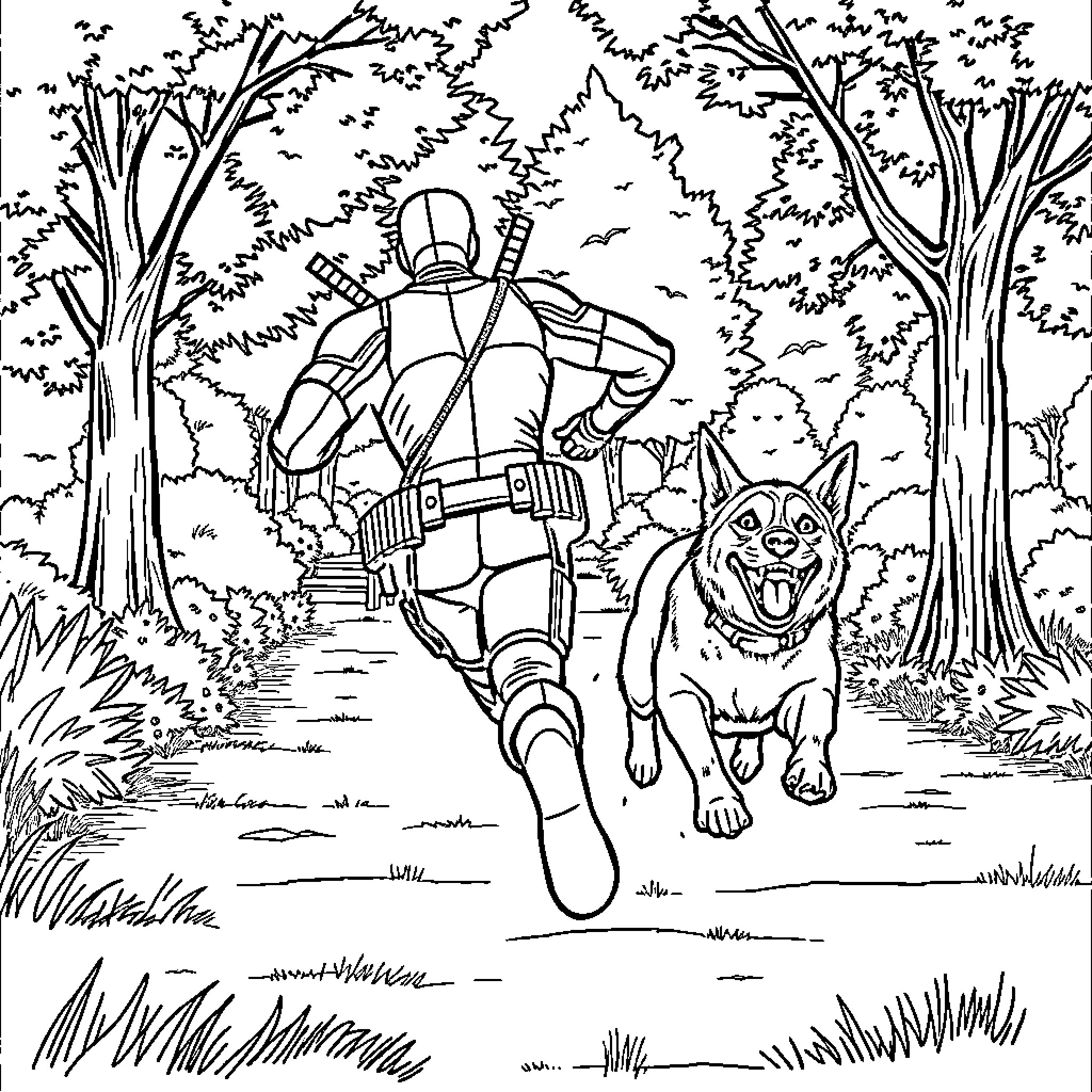 Deadpool exploring the forest with a friendly companion Coloring Page (free black-and-white line drawing printable PDF for all, from beginners to advanced learners, including children, teens, adults, and seniors)