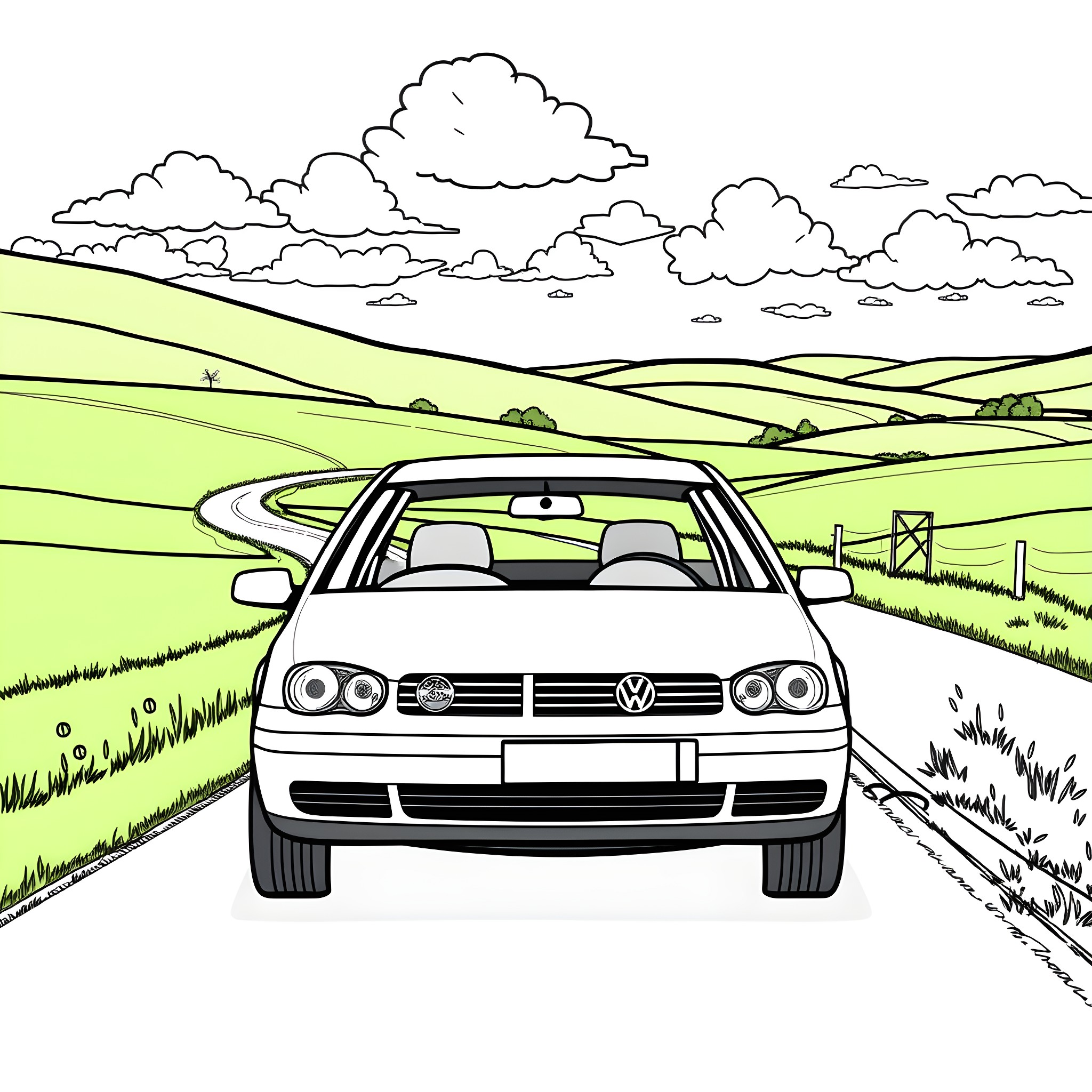 Volkswagen Jetta on a scenic countryside road Coloring Page (free black-and-white line drawing printable PDF for all, from beginners to advanced learners, including children, teens, adults, and seniors)