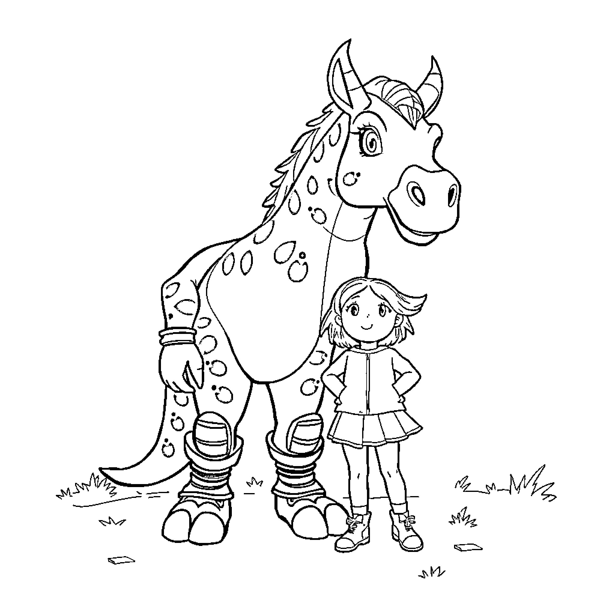 Huntrx girl and her spotted horse friend Coloring Page (free black-and-white line drawing printable PDF for all, from beginners to advanced learners, including children, teens, adults, and seniors)