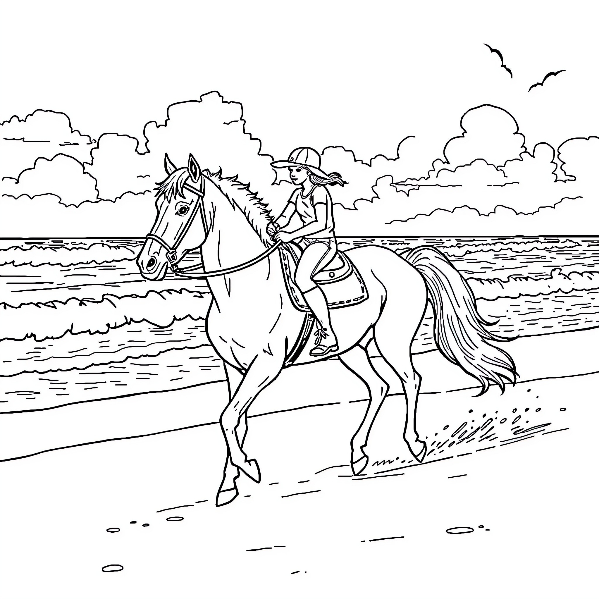 Ferrie Riding Horse on Beach with Seagulls Coloring Page (free black-and-white line drawing printable PDF for all, from beginners to advanced learners, including children, teens, adults, and seniors)