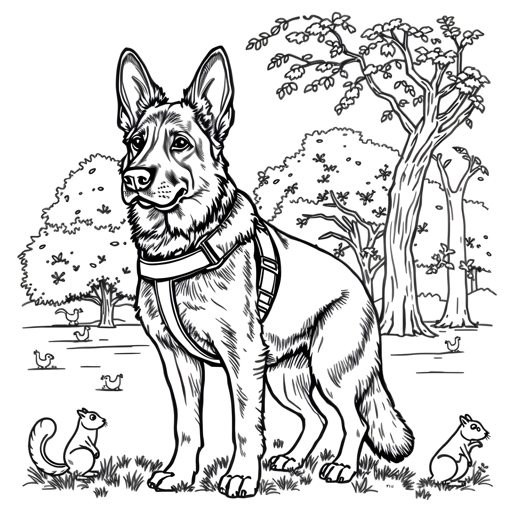 German Shepherd enjoying nature in the park Coloring Page (free black-and-white line drawing printable PDF for all, from beginners to advanced learners, including children, teens, adults, and seniors)