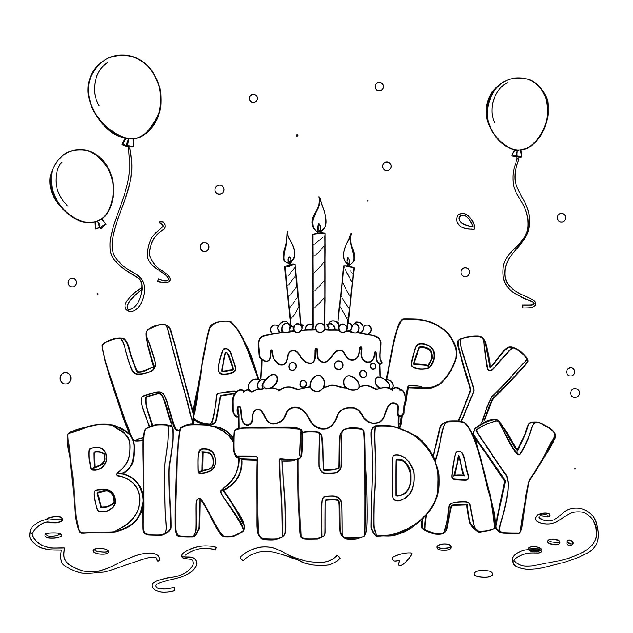 Birthday celebration with cake, balloons, and festive text Coloring Page (free black-and-white line drawing printable PDF for all, from beginners to advanced learners, including children, teens, adults, and seniors)