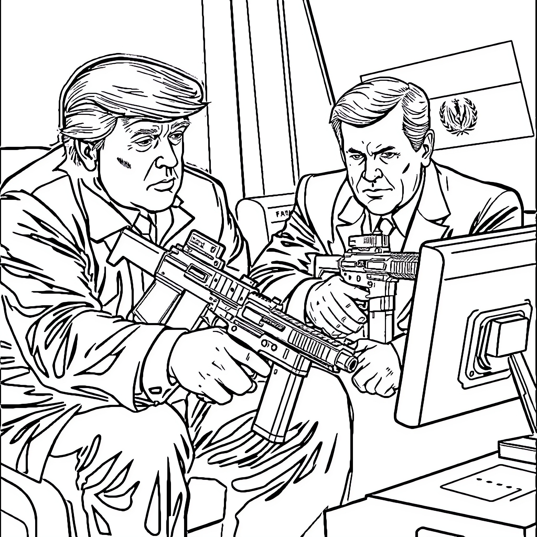 Donald Trump and associate in tense military planning Coloring Page (free black-and-white line drawing printable PDF for all, from beginners to advanced learners, including children, teens, adults, and seniors)