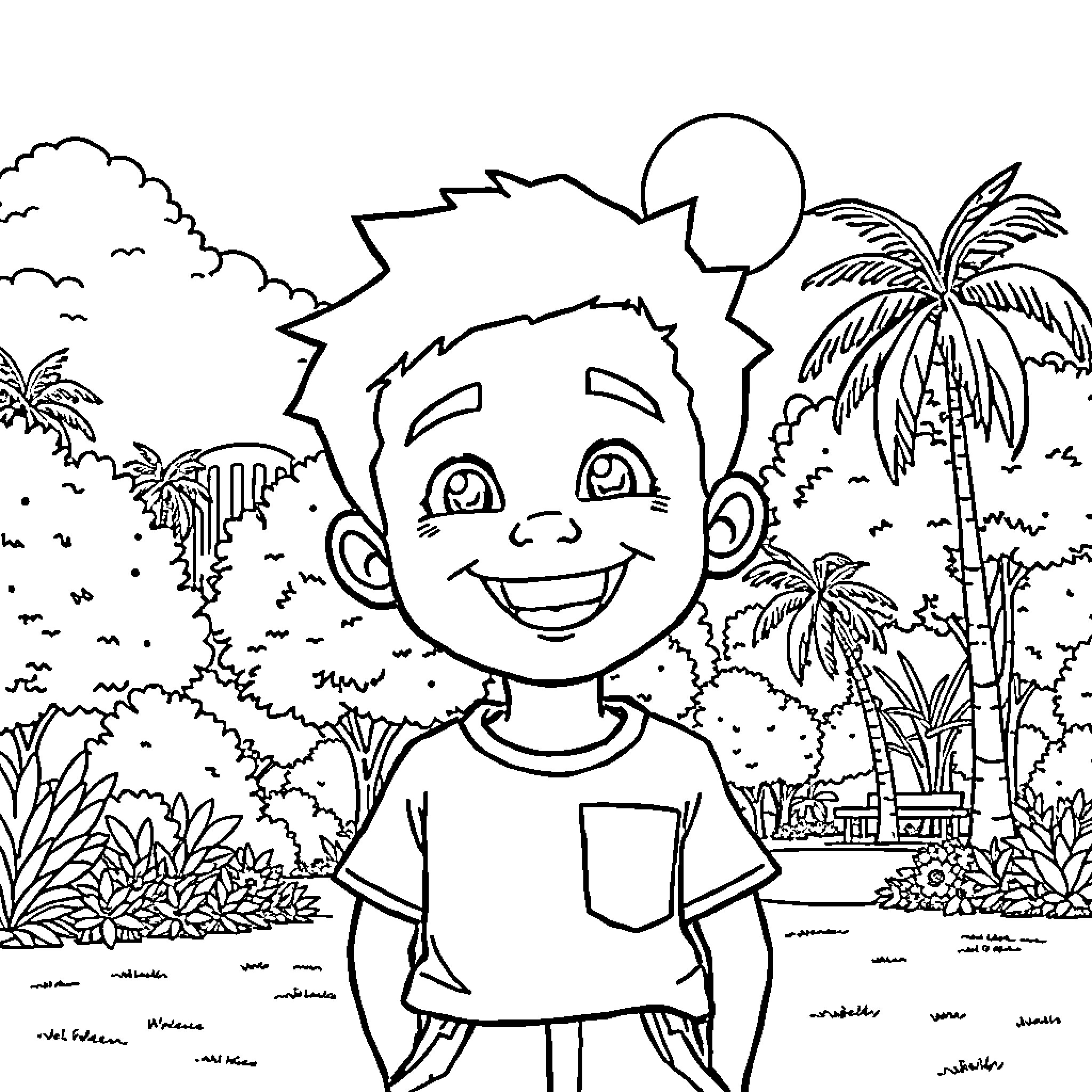 Boy Exploring Tropical Landscape with Happiness Coloring Page (free black-and-white line drawing printable PDF for all, from beginners to advanced learners, including children, teens, adults, and seniors)