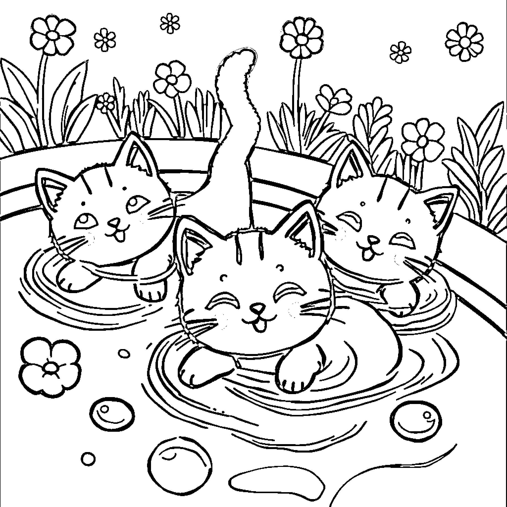Cat kittens playing in floral garden Coloring Page (free black-and-white line drawing printable PDF for all, from beginners to advanced learners, including children, teens, adults, and seniors)