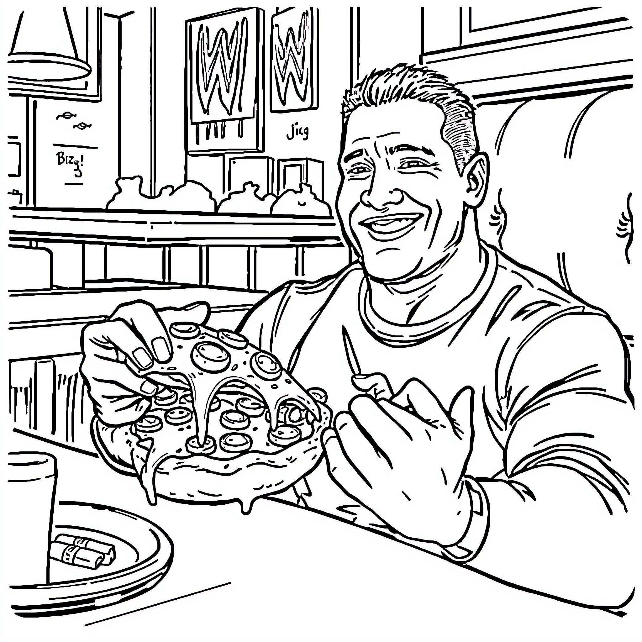 John Cena enjoys a delicious pizza at the diner Coloring Page (free black-and-white line drawing printable PDF for all, from beginners to advanced learners, including children, teens, adults, and seniors)