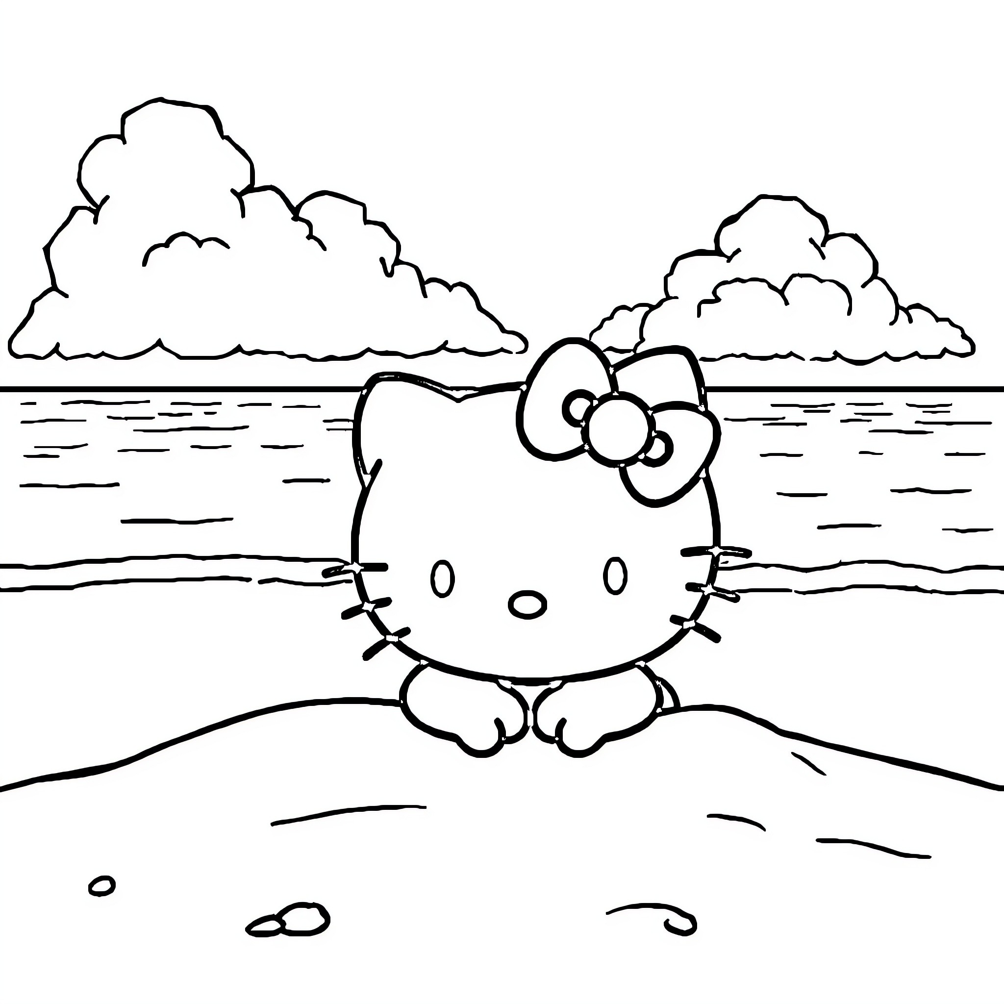 Hello Kitty playing at the beach Coloring Page (free black-and-white line drawing printable PDF for all, from beginners to advanced learners, including children, teens, adults, and seniors)