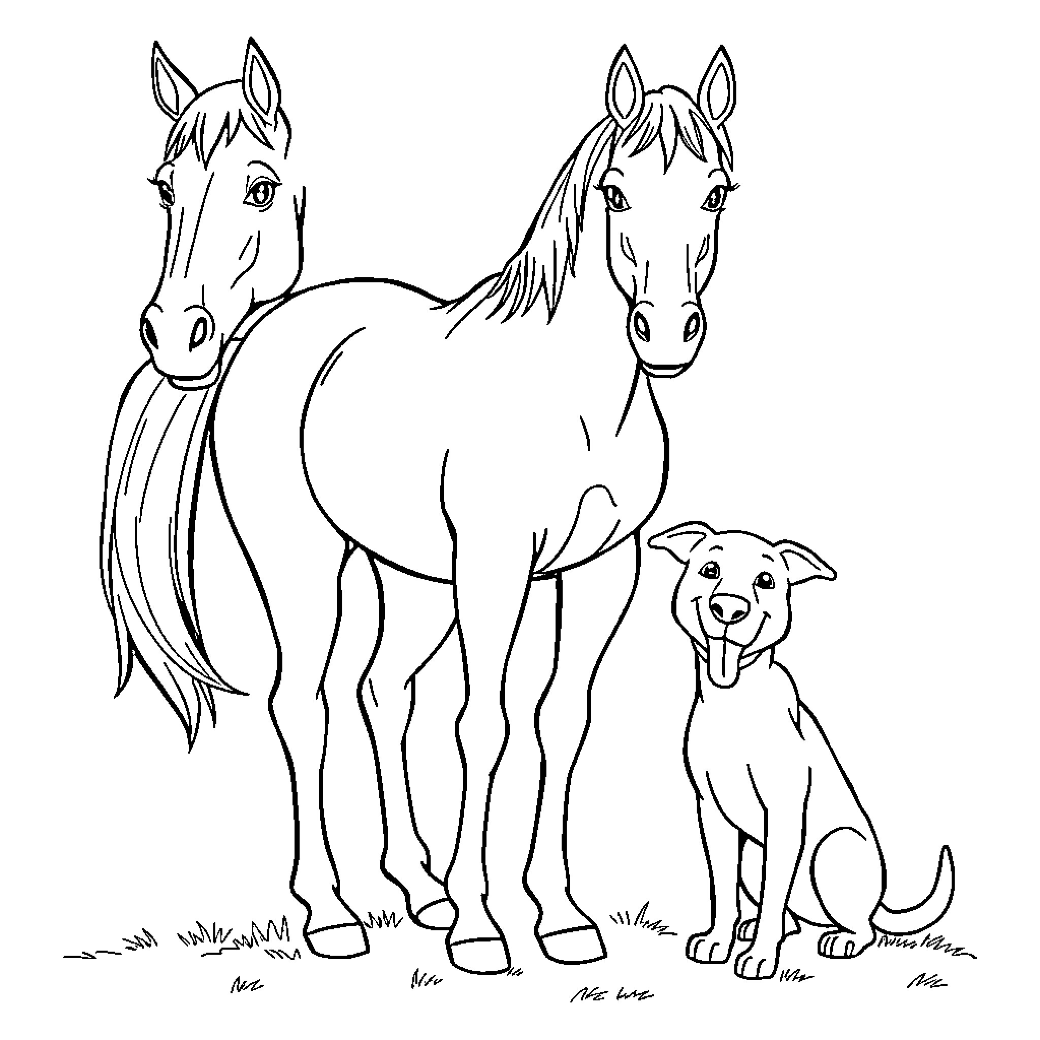 Horse friends in a field with a dog Coloring Page (free black-and-white line drawing printable PDF for all, from beginners to advanced learners, including children, teens, adults, and seniors)