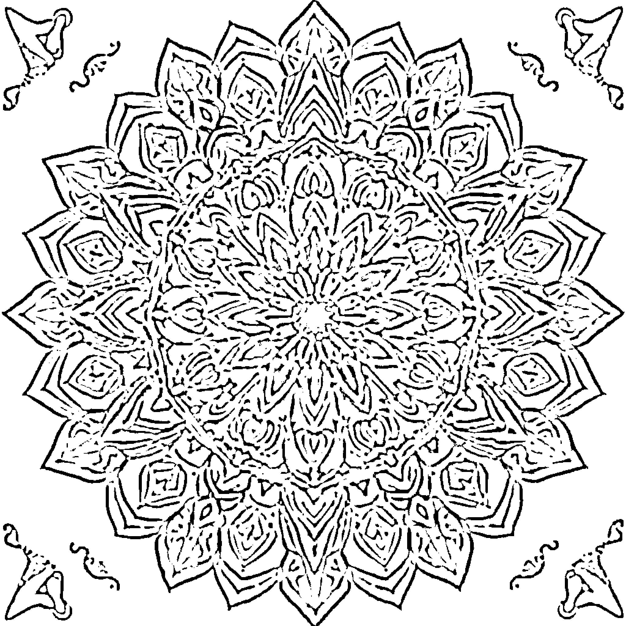 Mandalas with intricate floral patterns Coloring Page (free black-and-white line drawing printable PDF for all, from beginners to advanced learners, including children, teens, adults, and seniors)