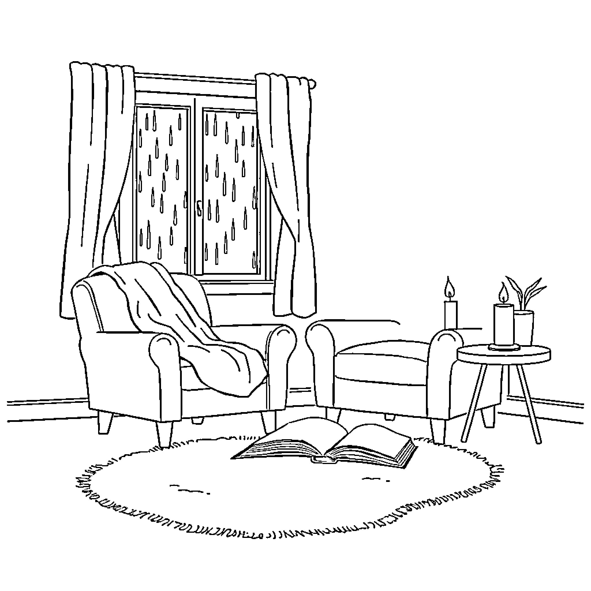 Living Room Relaxation with Books and Decor Coloring Page (free black-and-white line drawing printable PDF for all, from beginners to advanced learners, including children, teens, adults, and seniors)