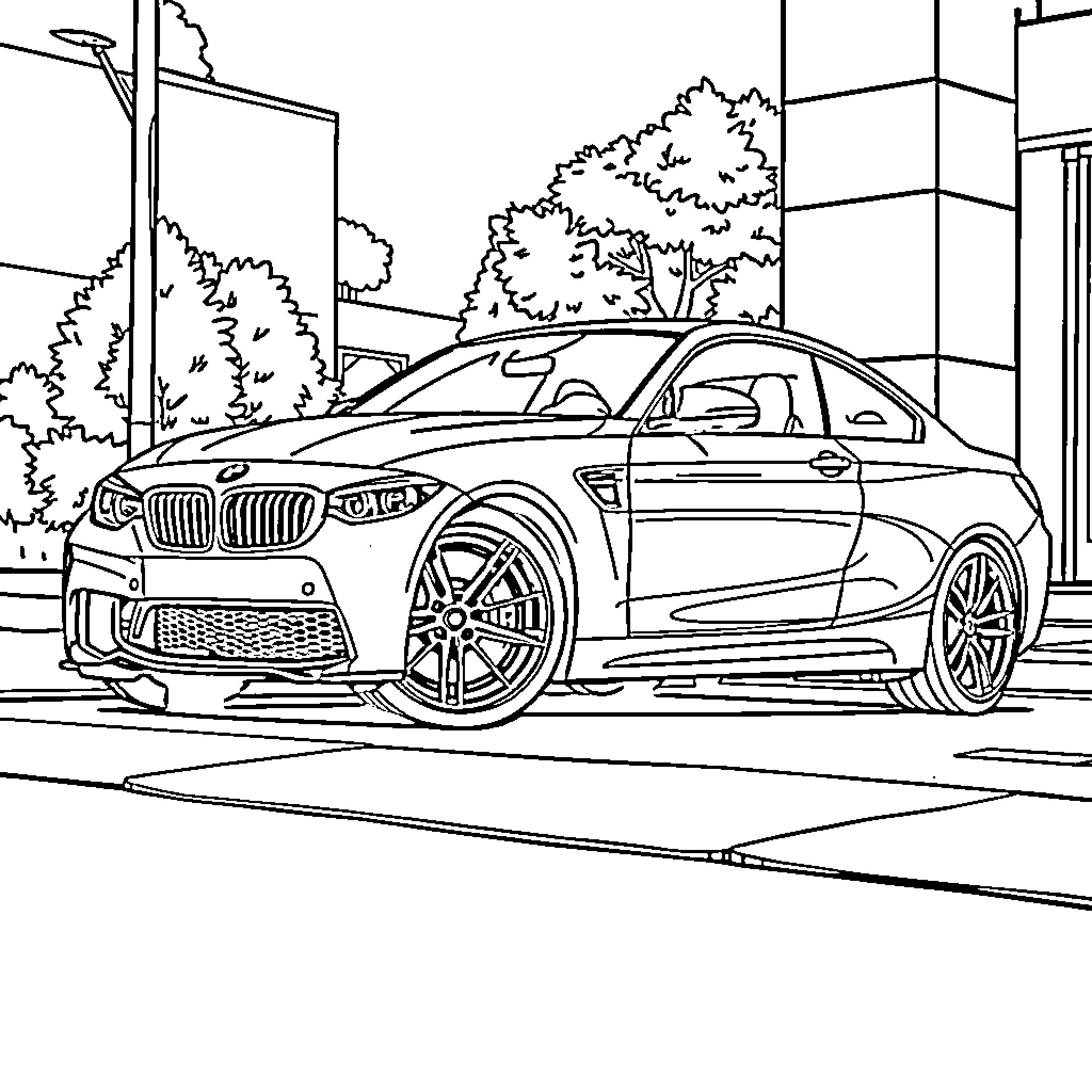 BMW M2 in an urban setting Coloring Page (free black-and-white line drawing printable PDF for all, from beginners to advanced learners, including children, teens, adults, and seniors)