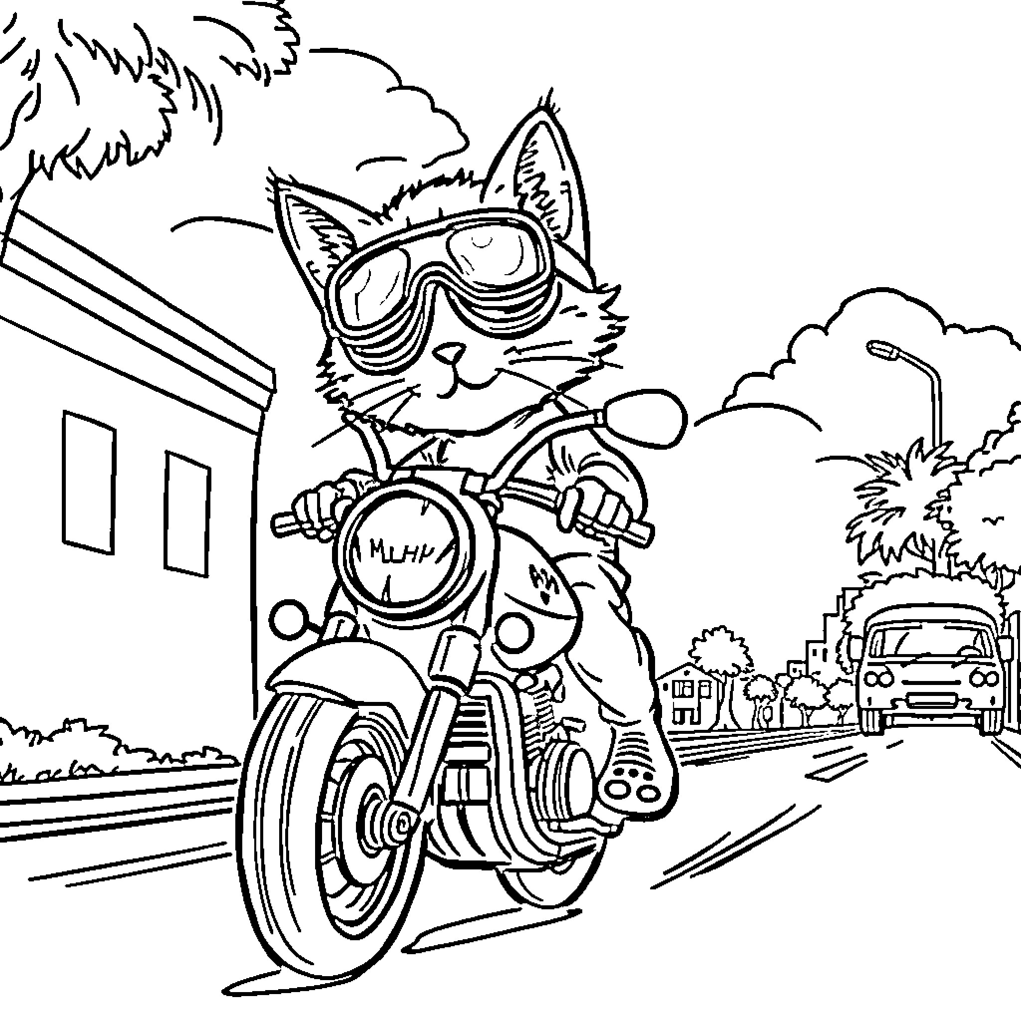 Cat riding motorcycle in city street Coloring Page (free black-and-white line drawing printable PDF for all, from beginners to advanced learners, including children, teens, adults, and seniors)