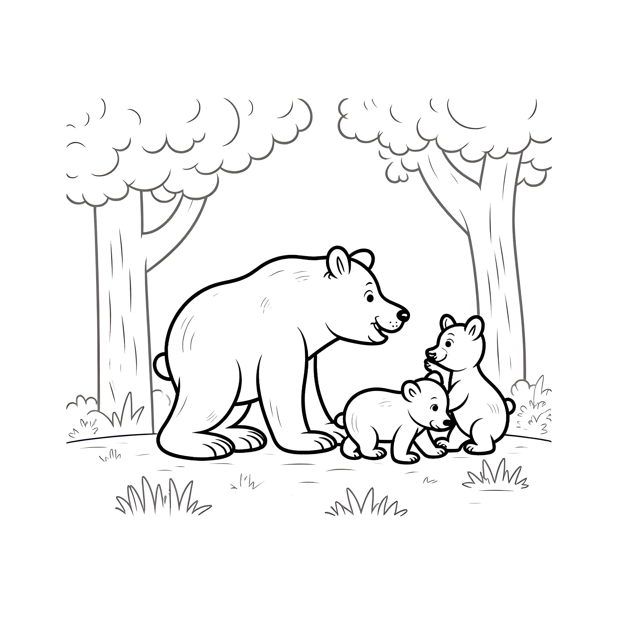 Bear family in the forest Coloring Page (free black-and-white line drawing printable PDF for all, from beginners to advanced learners, including children, teens, adults, and seniors)