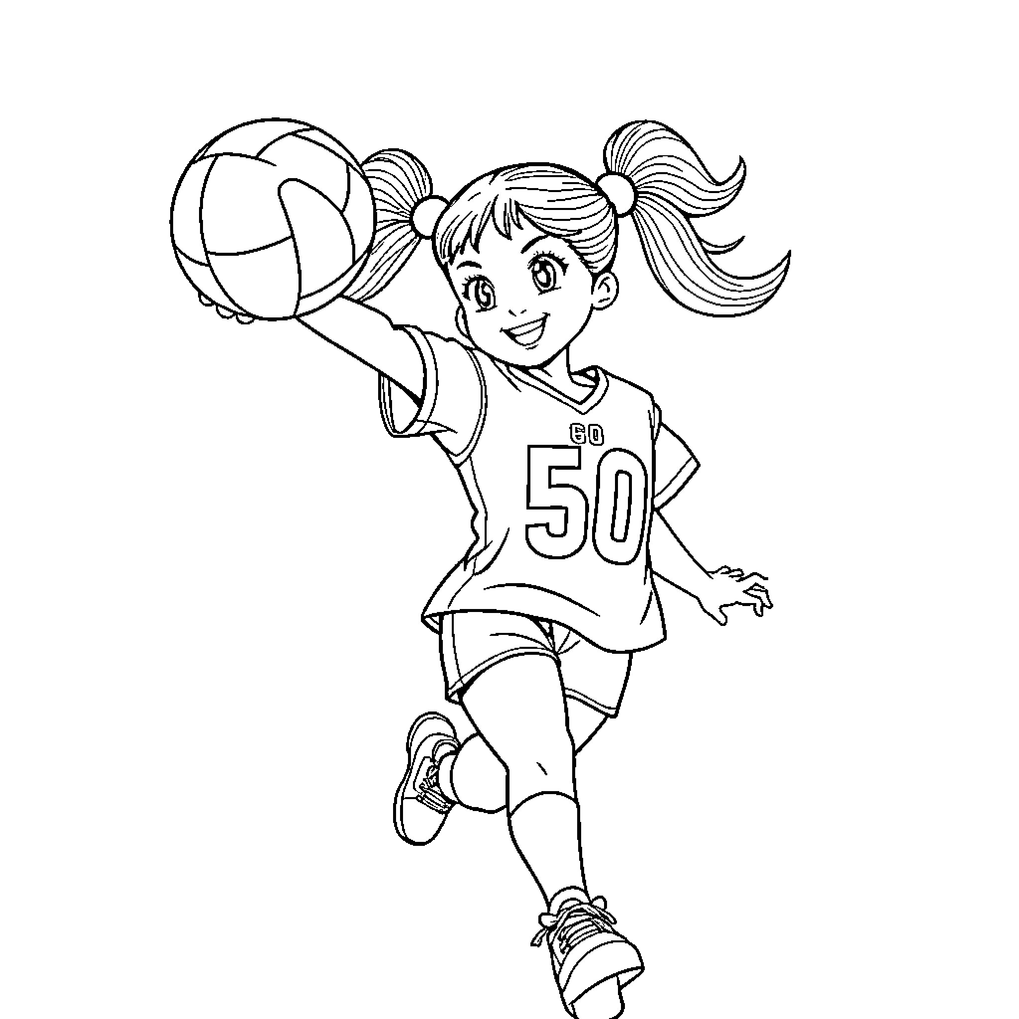 Girl playing volleyball with a smile Coloring Page (free black-and-white line drawing printable PDF for all, from beginners to advanced learners, including children, teens, adults, and seniors)