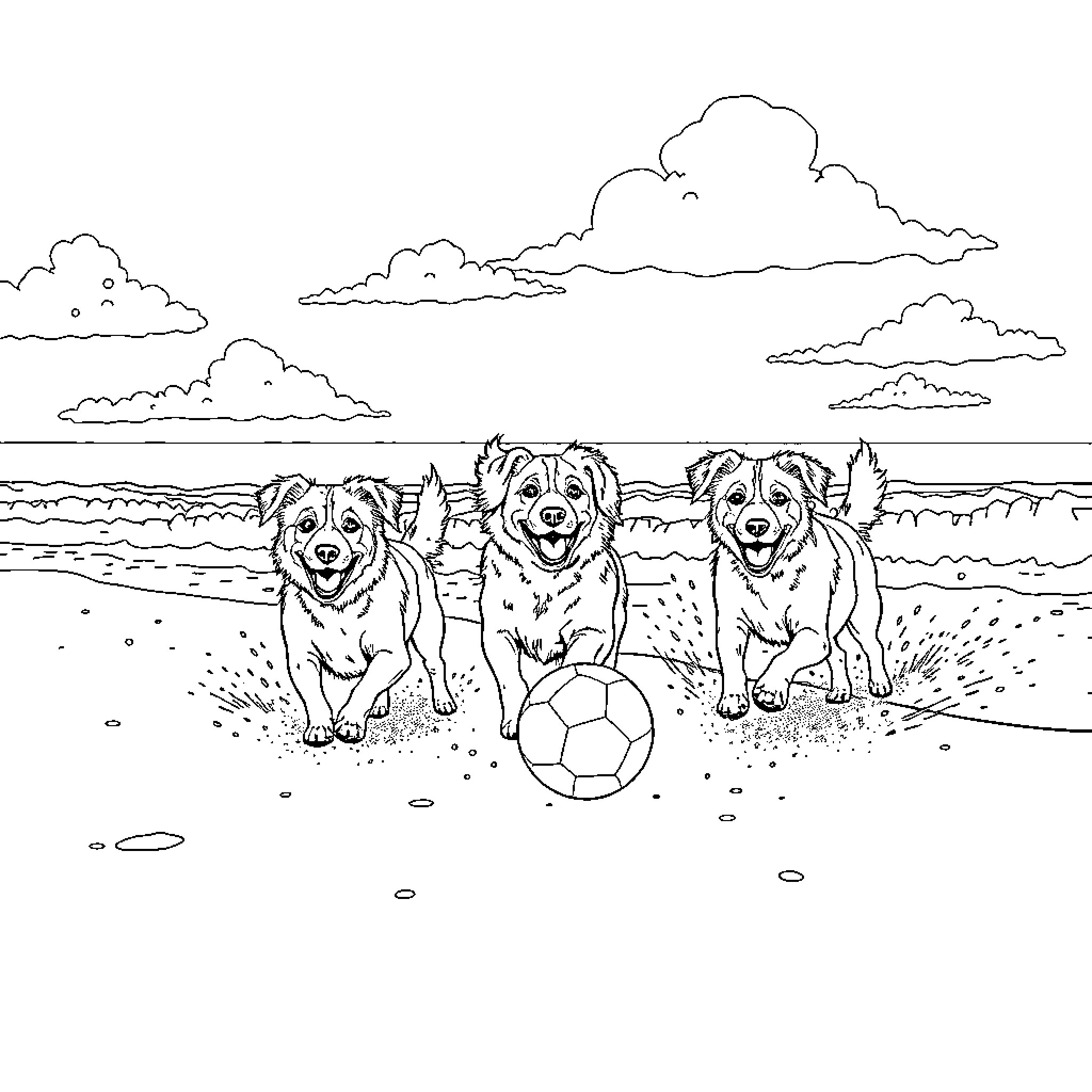 Dog trio playing joyfully with soccer ball on the beach Coloring Page (free black-and-white line drawing printable PDF for all, from beginners to advanced learners, including children, teens, adults, and seniors)